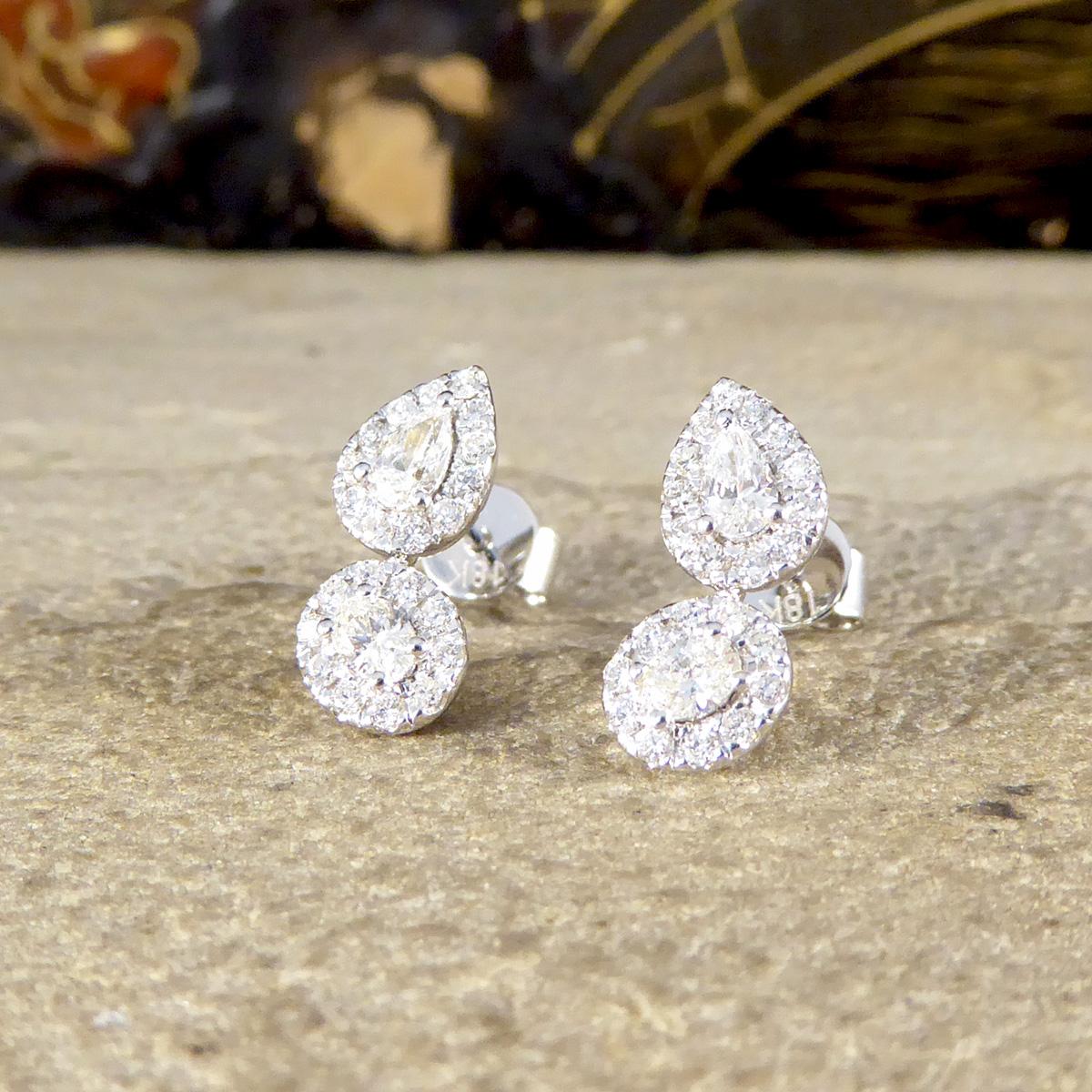 Women's or Men's Diamond Pear and Oval Double Cluster Stud Earrings in 18ct White Gold For Sale