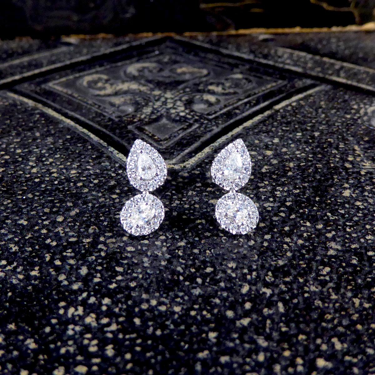 Diamond Pear and Oval Double Cluster Stud Earrings in 18ct White Gold For Sale 1