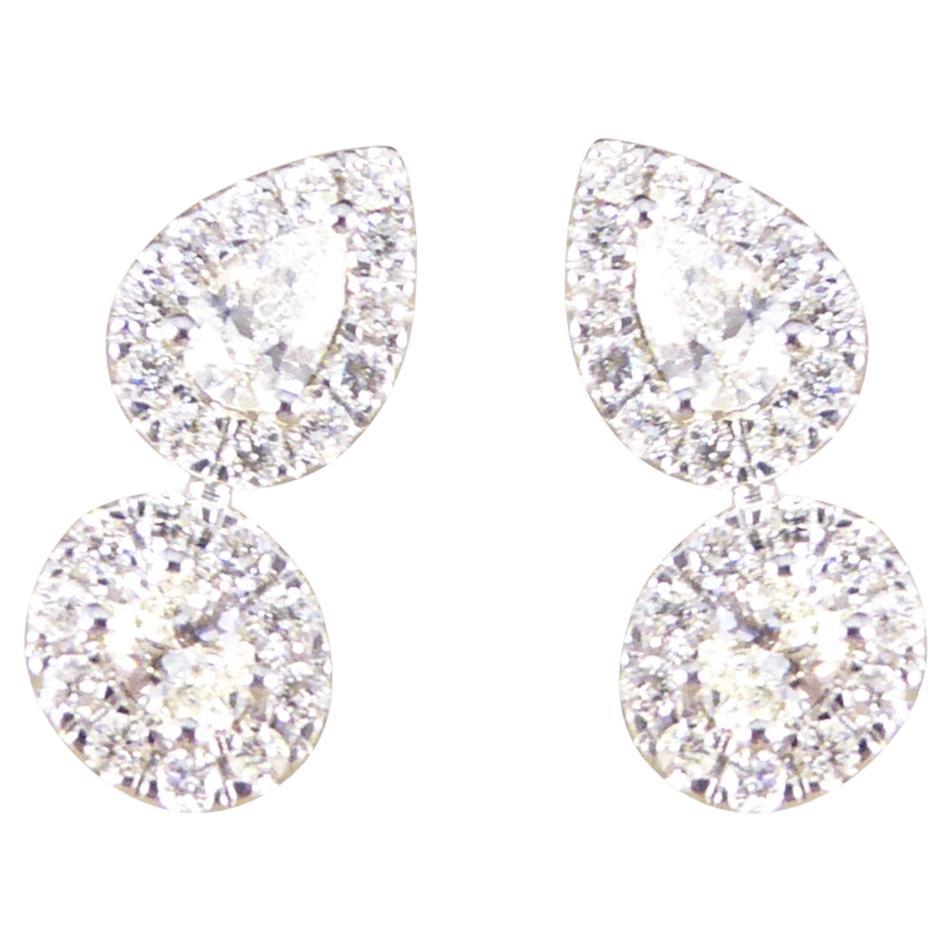 Diamond Pear and Oval Double Cluster Stud Earrings in 18ct White Gold For Sale