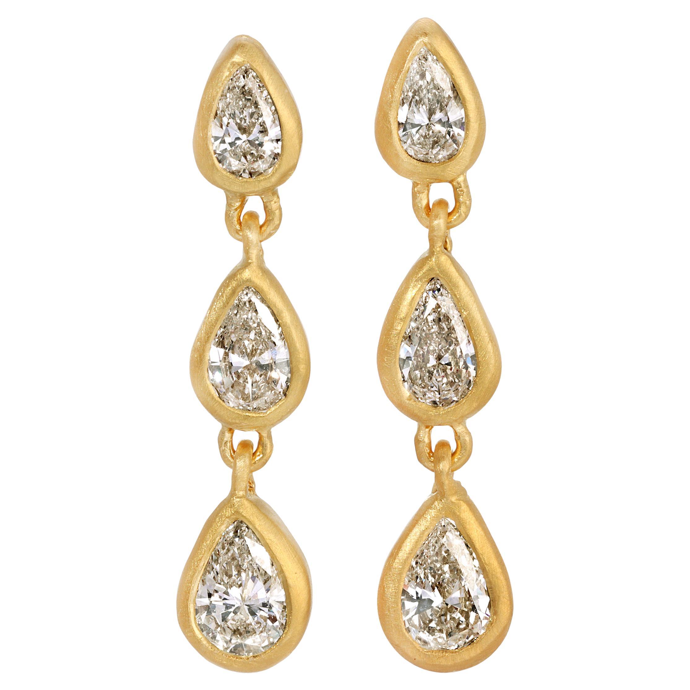 Diamond Pear Cut 3 Drop Earrings in 18k Yellow Gold