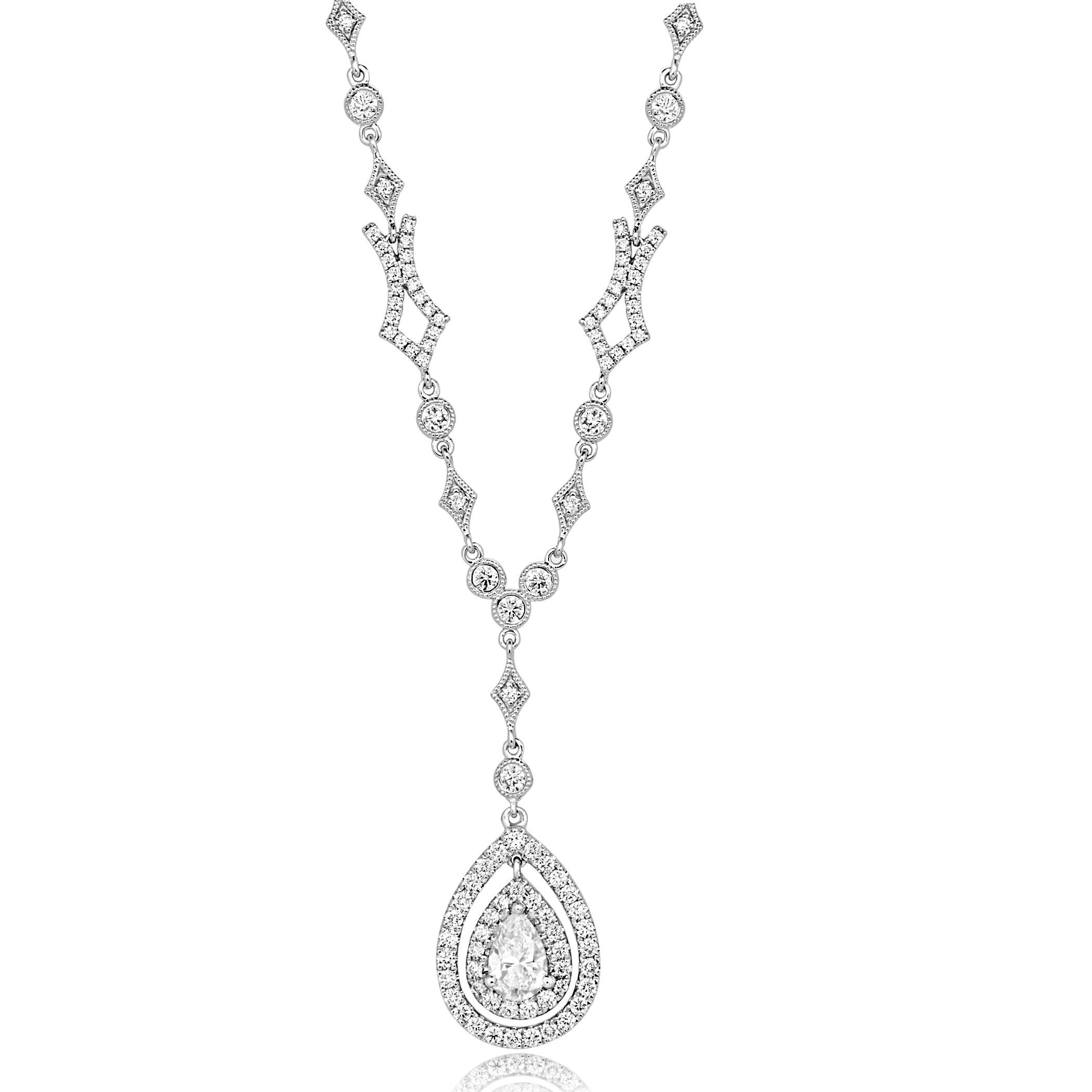 Stunning Colorless VS Diamond Pear 0.57 Carat Encircled in a double halo of Colorless VS-SI Diamond 1.30 Carat in Stunning 14K White Gold Drop Chain Pendant Necklace.

Total Diamond Weight  1.87 Carat 

Style available in different price ranges.
