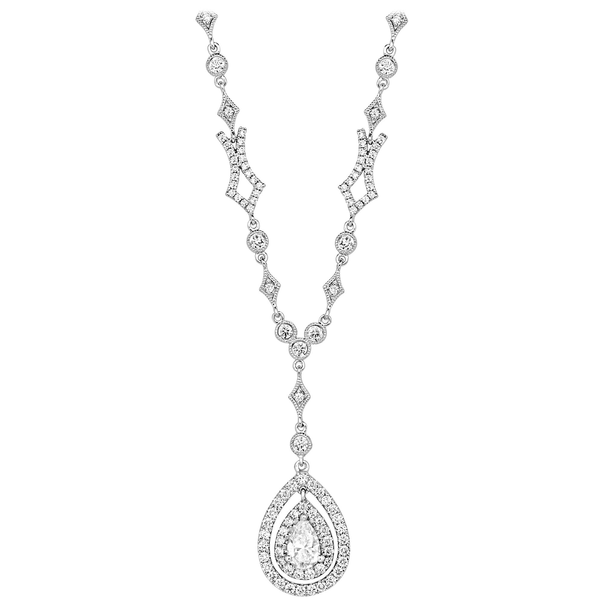 Diamond Pear Double Halo White Gold Pendant Drop Chain Necklace