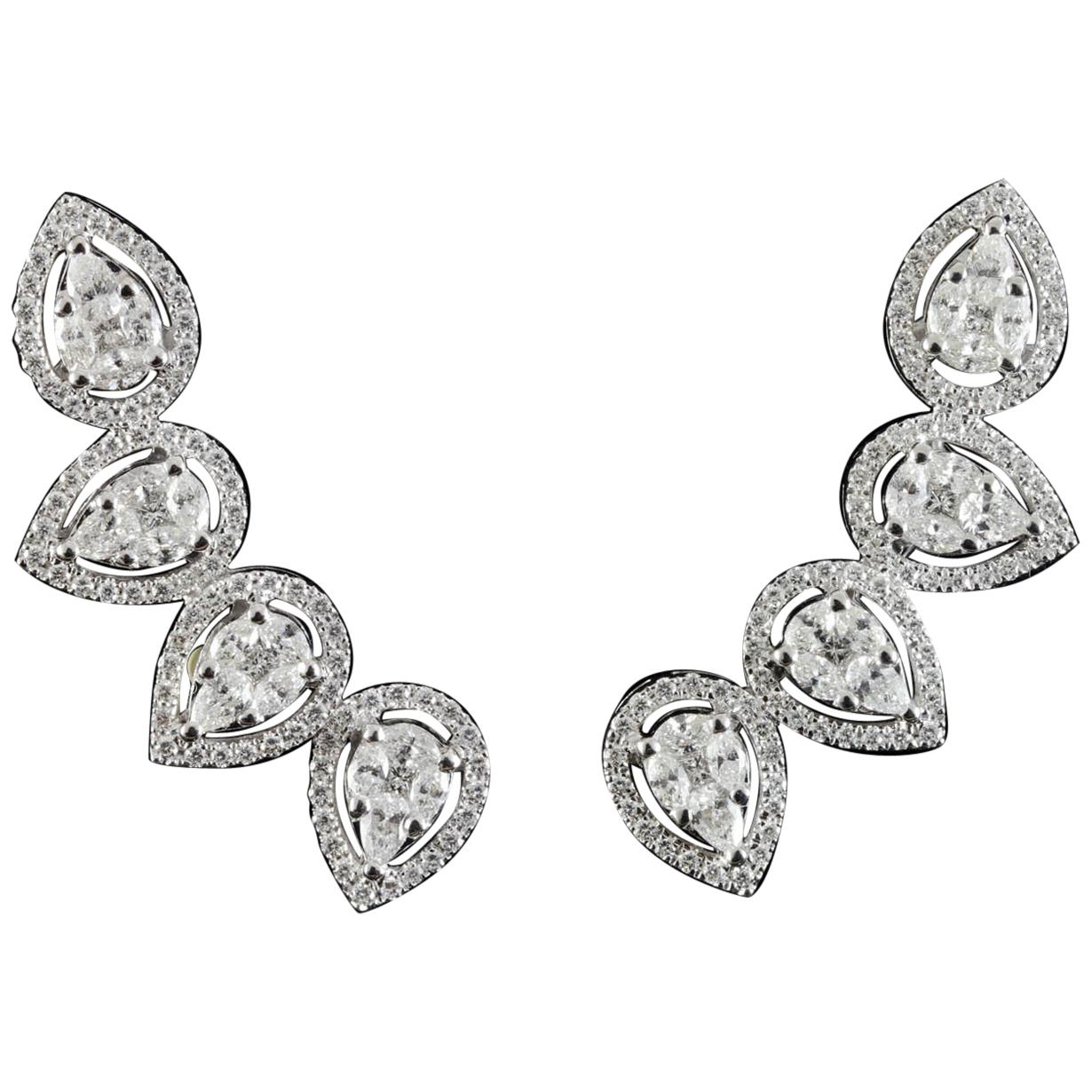 Diamond Pear Illusion Ear Climbers Fashion Earring in 18 Karat Gold For Sale