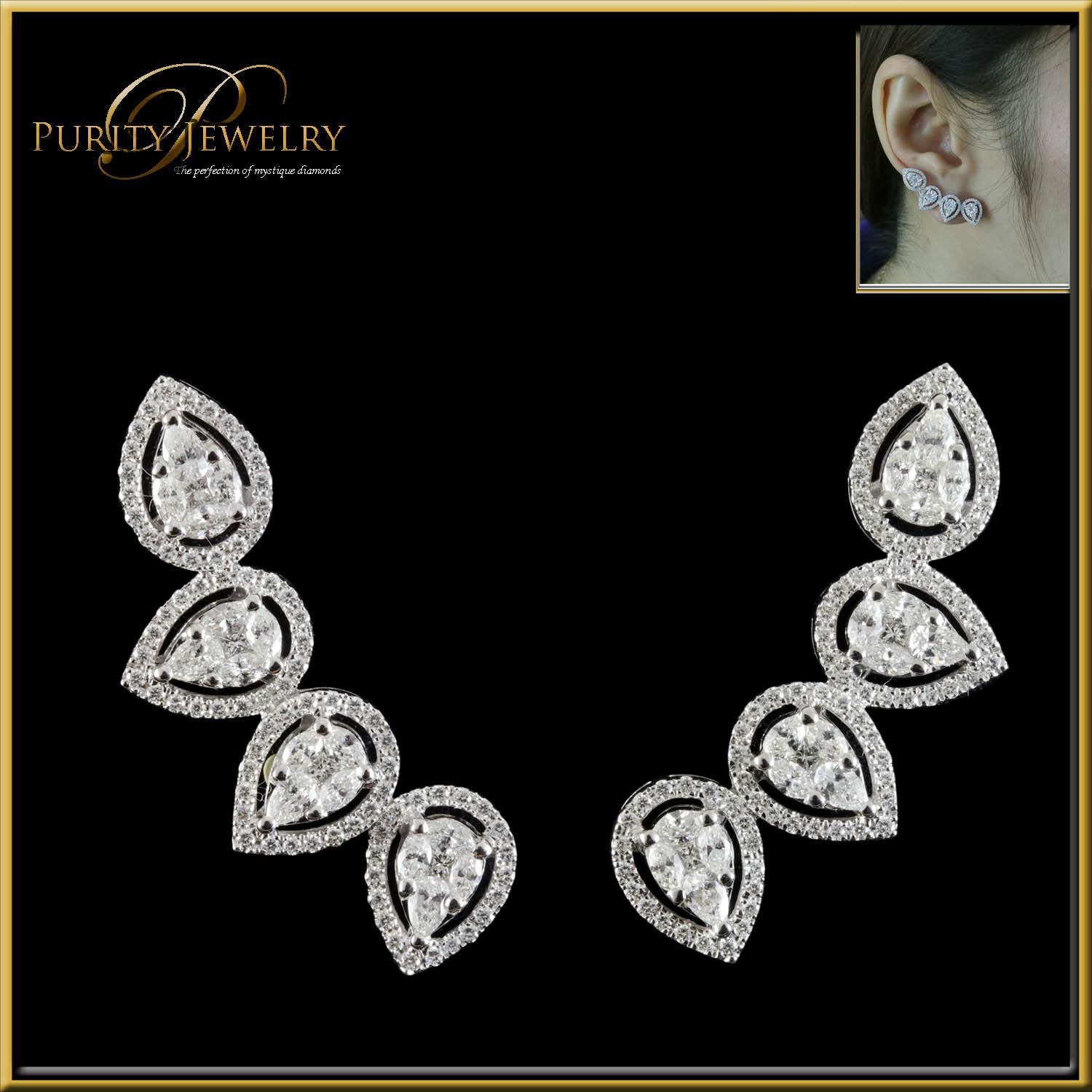 Diamond Fashion Ear Climbers, the pear shape illusion creates this trendy fashion earring. 
The piece is crafted in - house by our master craftsmen in Thailand. 
This earring is available in Rose Gold, White Gold and Yellow Gold
For Orders, it will