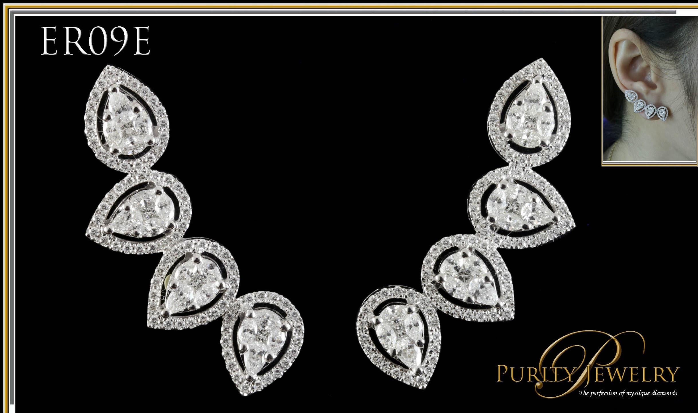 Modern Diamond Pear Illusion Ear Climbers Fashion Earring in 18 Karat Gold For Sale