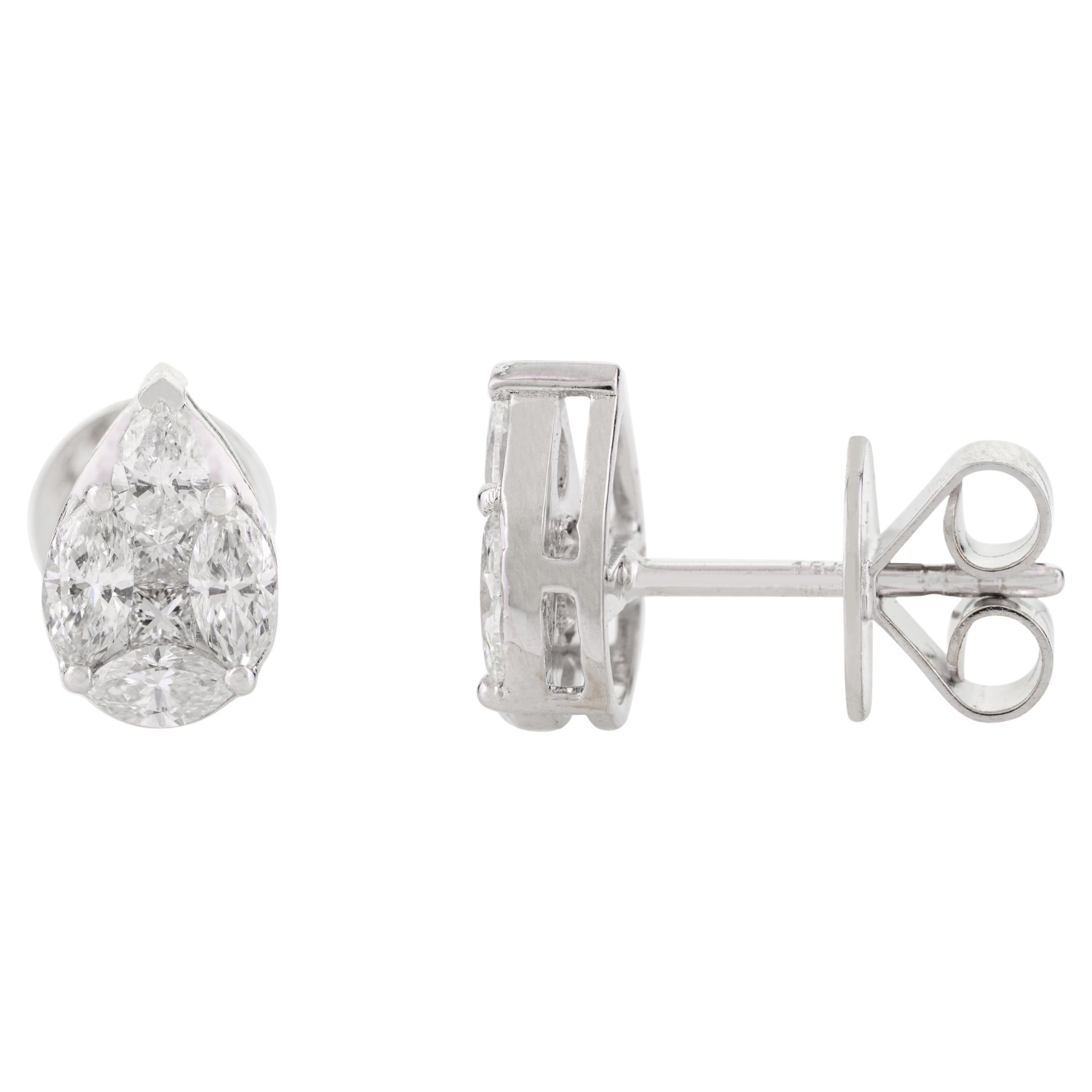 Diamond Pear  Cluster Stud Earrings for Her in 18k Solid White Gold
