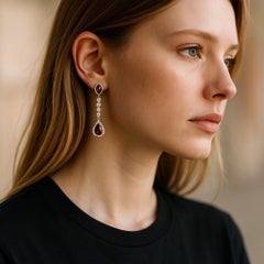 Diamond Pear Ruby 3.40 Carat Halo Lariat White Gold 1.5 Inch Drop Earrings