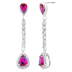 Diamond Pear Ruby 3.40ct Halo Lariat Drop Earrings, 14k White Gold
