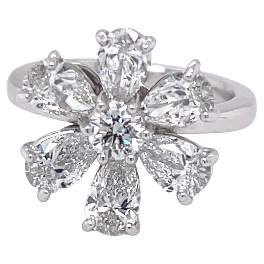 Diamond Pear Shape and Round Flower Ring 2.72 Carats D-F Color GIA Certificates For Sale