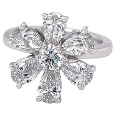 Used Diamond Pear Shape and Round Flower Ring 2.72 Carats D-F Color GIA Certified