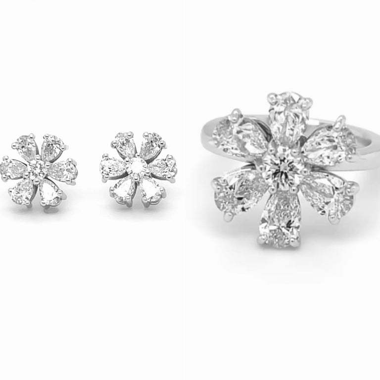 Diamond Pear Shape and Round Flower Ring and Earrings Set 4.12 Carats ...