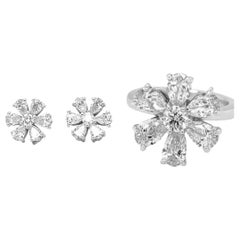 Diamond Pear Shape and Round Flower Ring and Earrings Set 4.12 Carats GIA