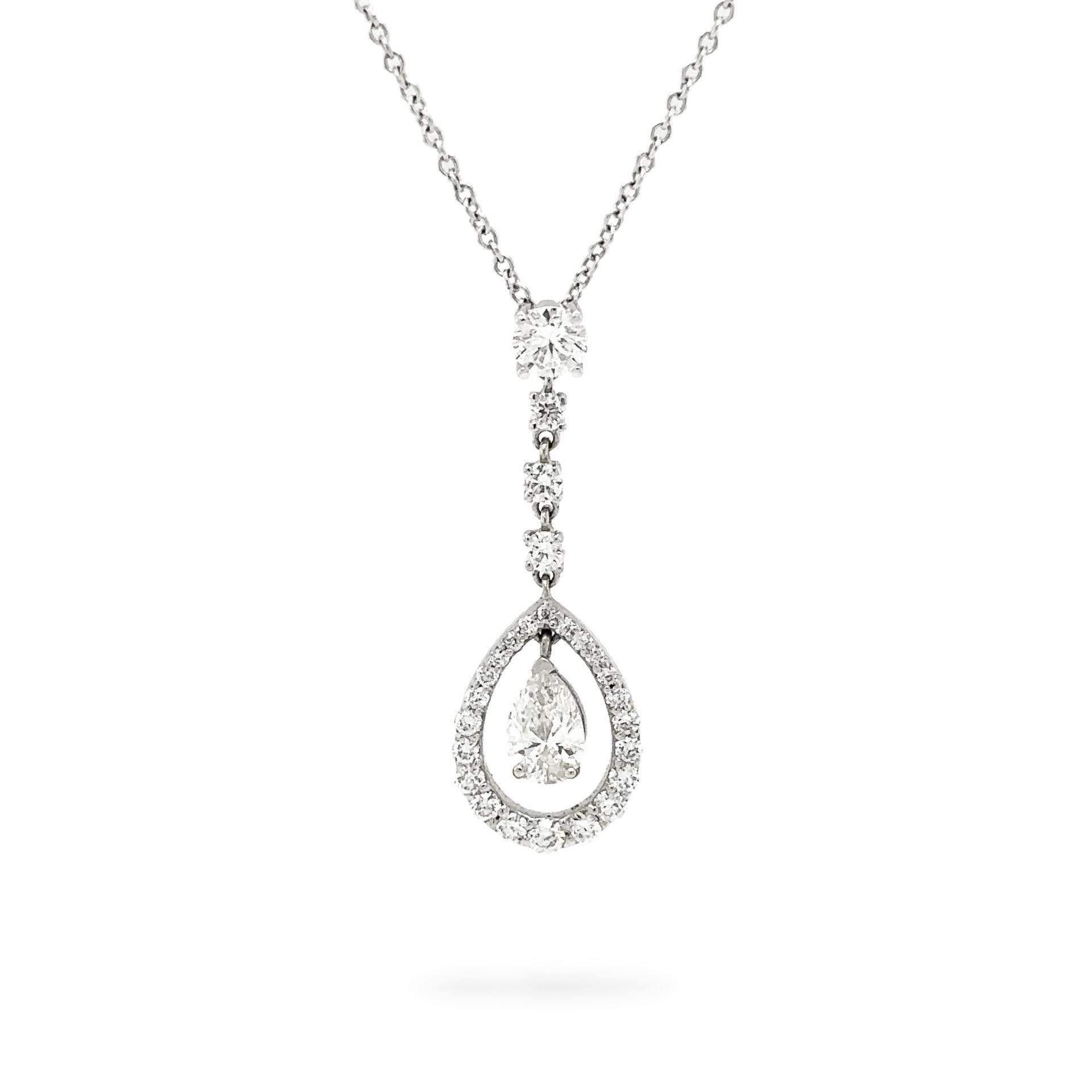 Diamond  Pear Shape and Round Necklace

Pear Shape weighs 0.38 carat J Color VS1 Clarity

with 0.55 carat Total Weight of Round Diamonds G/H Color SI Clarity

Set in 18Karat White Gold

ITEM DETAILS

    Item Number: J2917

Setting Information

   