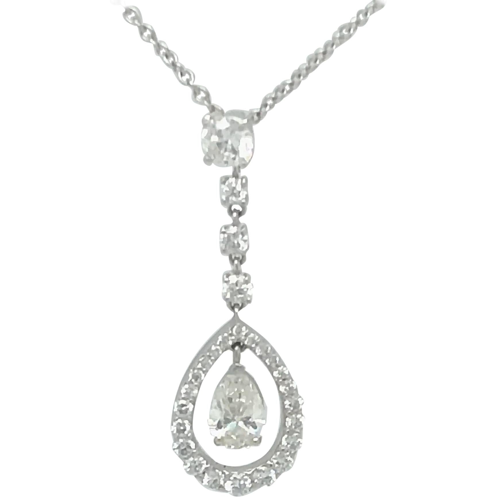 Diamond Pear Shape and Round Necklace/Pendant 18 Karat White Gold For Sale