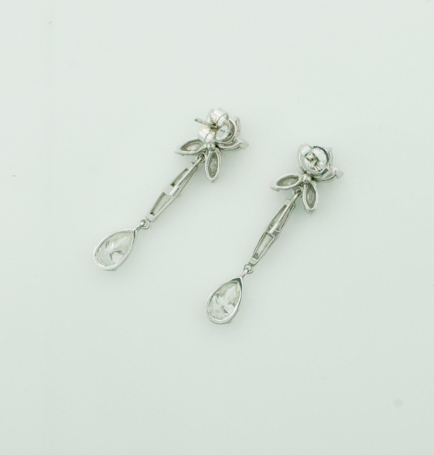 Pear Cut Diamond Pear Shape Drop Earrings in Platinum, circa 1950's For Sale