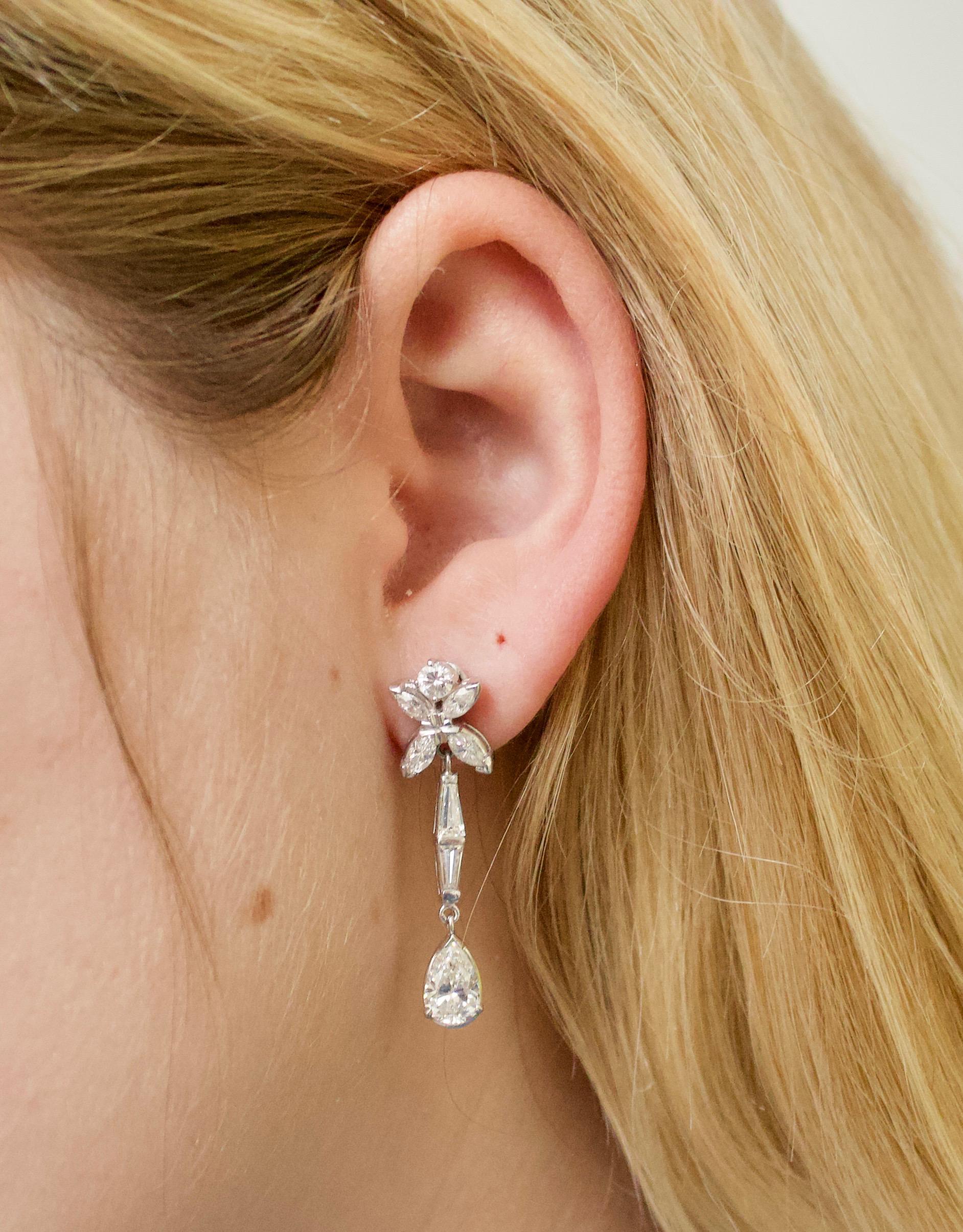 Diamond Pear Shape Drop Earrings in Platinum, circa 1950's For Sale 1