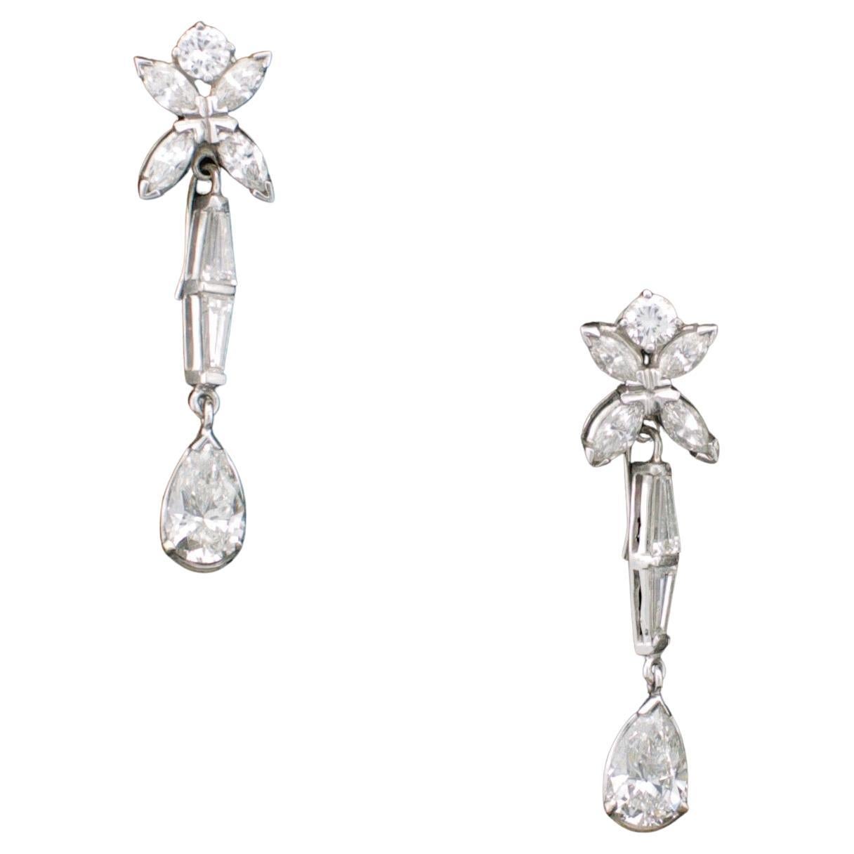 Diamond Pear Shape Drop Earrings in Platinum, circa 1950's For Sale