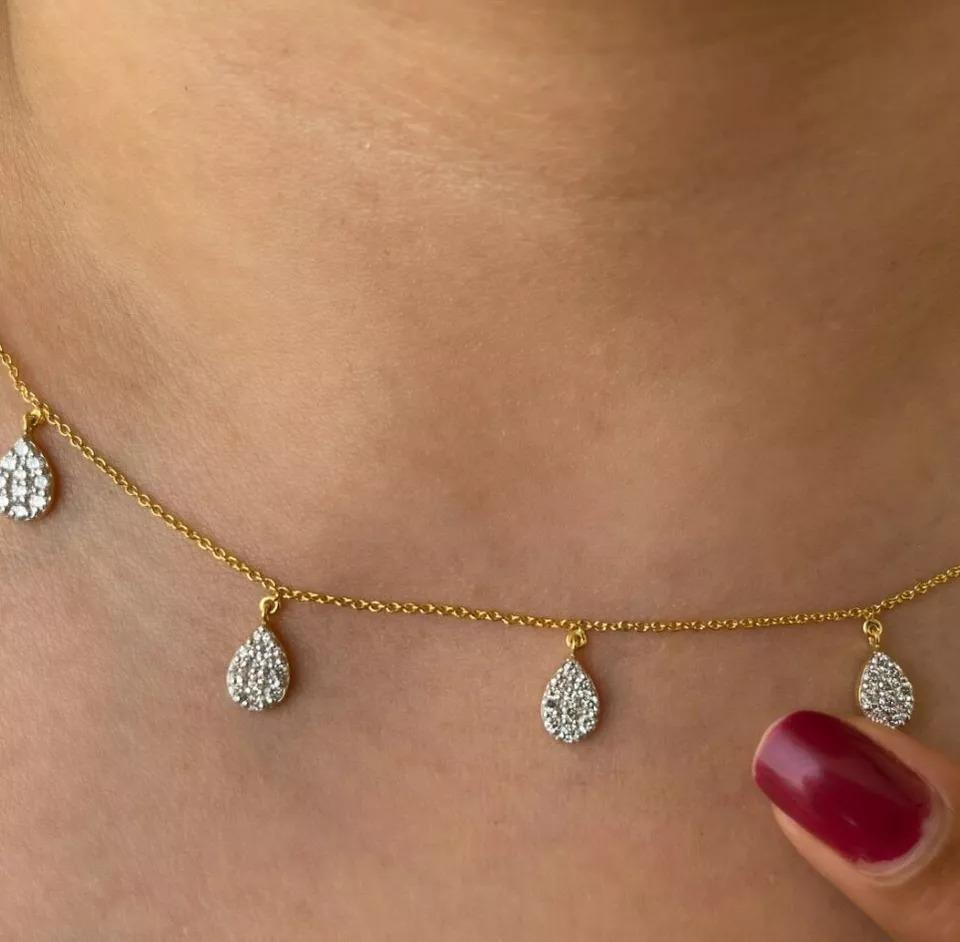 Taglio rotondo Collana con diamante a forma di pera a goccia in oro massiccio 14k in vendita
