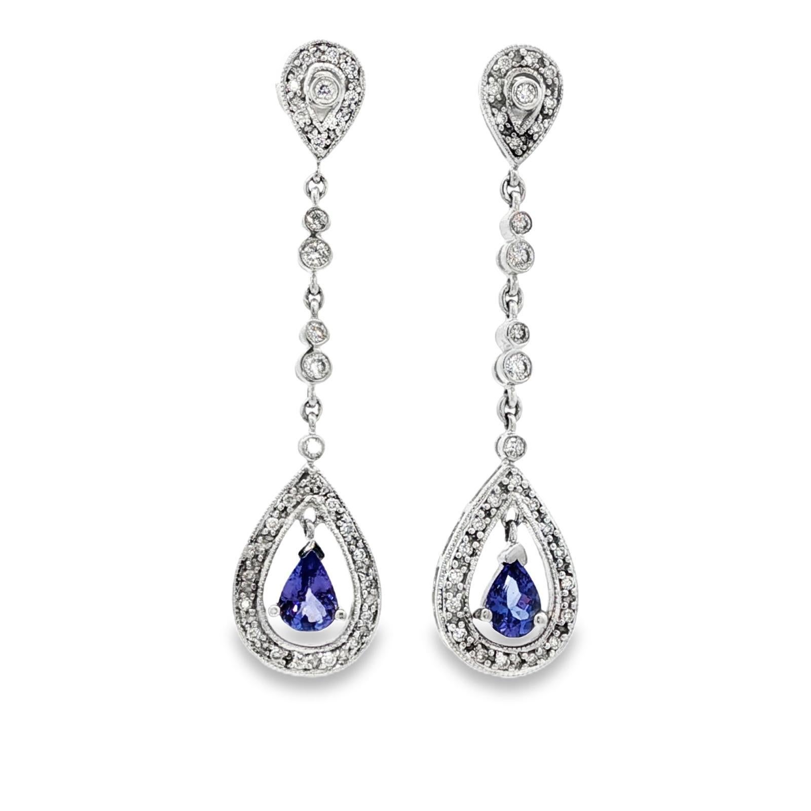 Diamant Birnenform Tansanit 14 Karat Weißgold Tropfen Ohrringe baumeln (Moderne) im Angebot