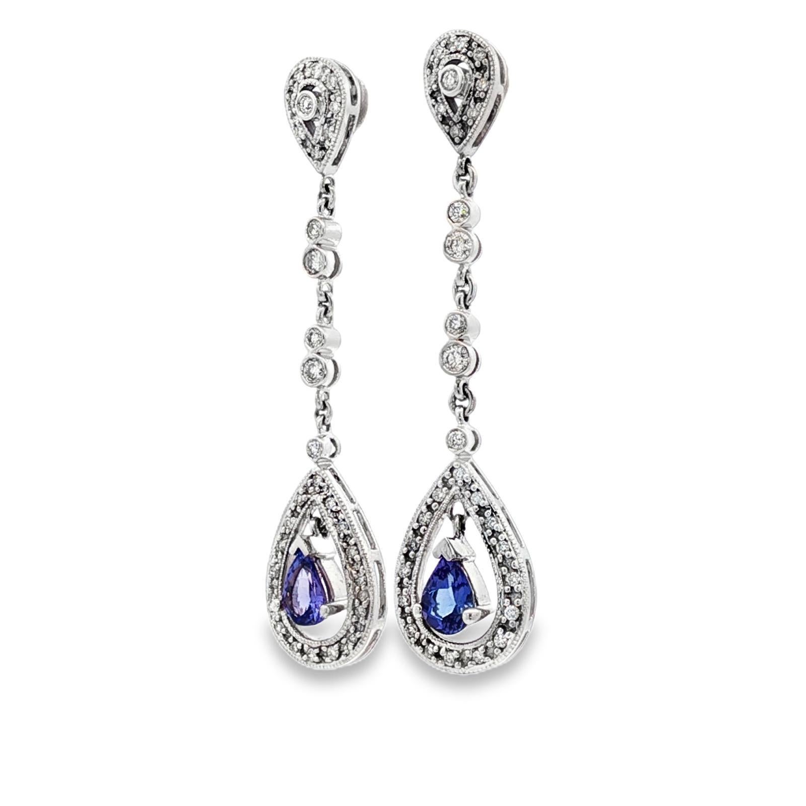 Diamant Birnenform Tansanit 14 Karat Weißgold Tropfen Ohrringe baumeln (Tropfenschliff) im Angebot