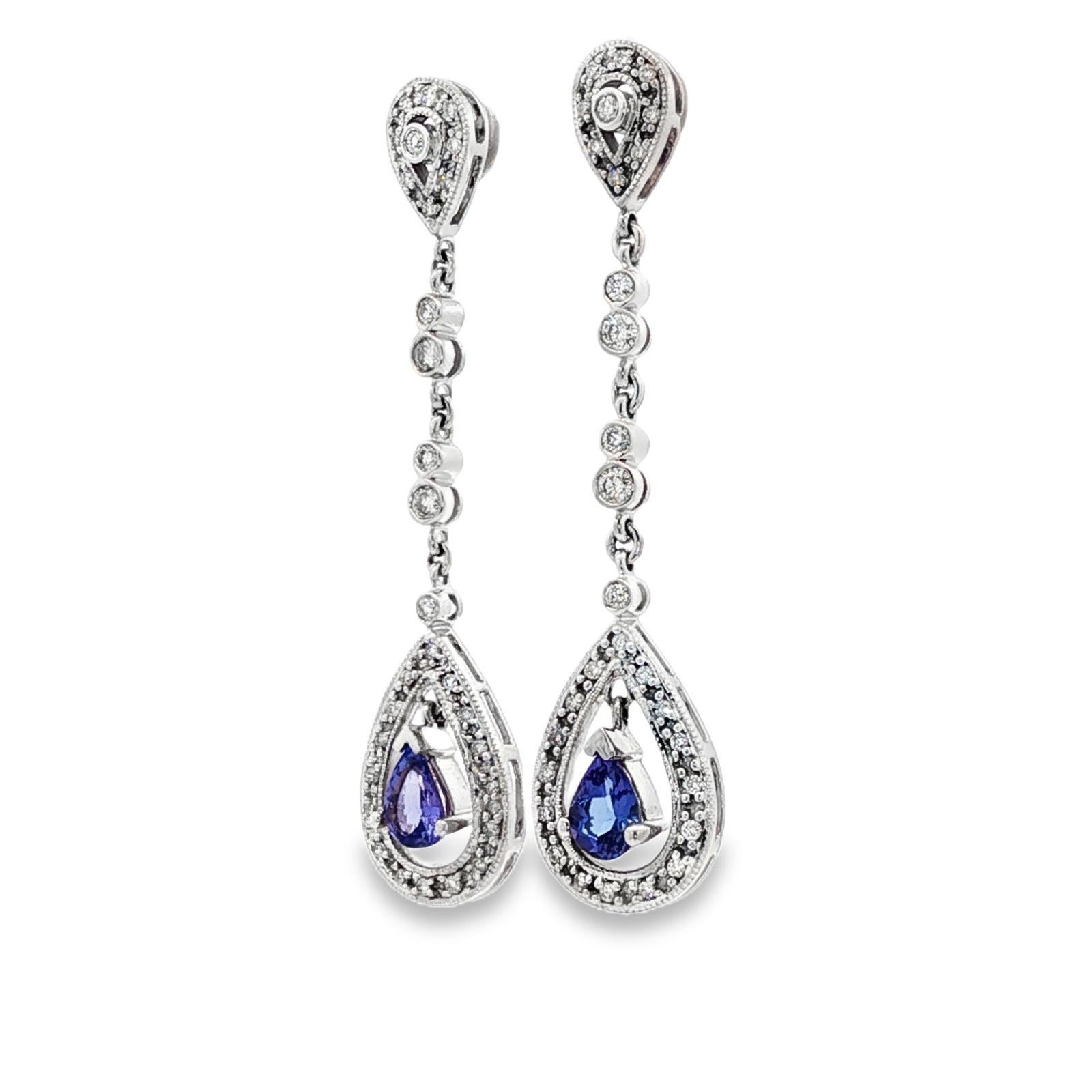 Diamant Birnenform Tansanit 14 Karat Weißgold Tropfen Ohrringe baumeln im Zustand „Hervorragend“ im Angebot in Boca Raton, FL