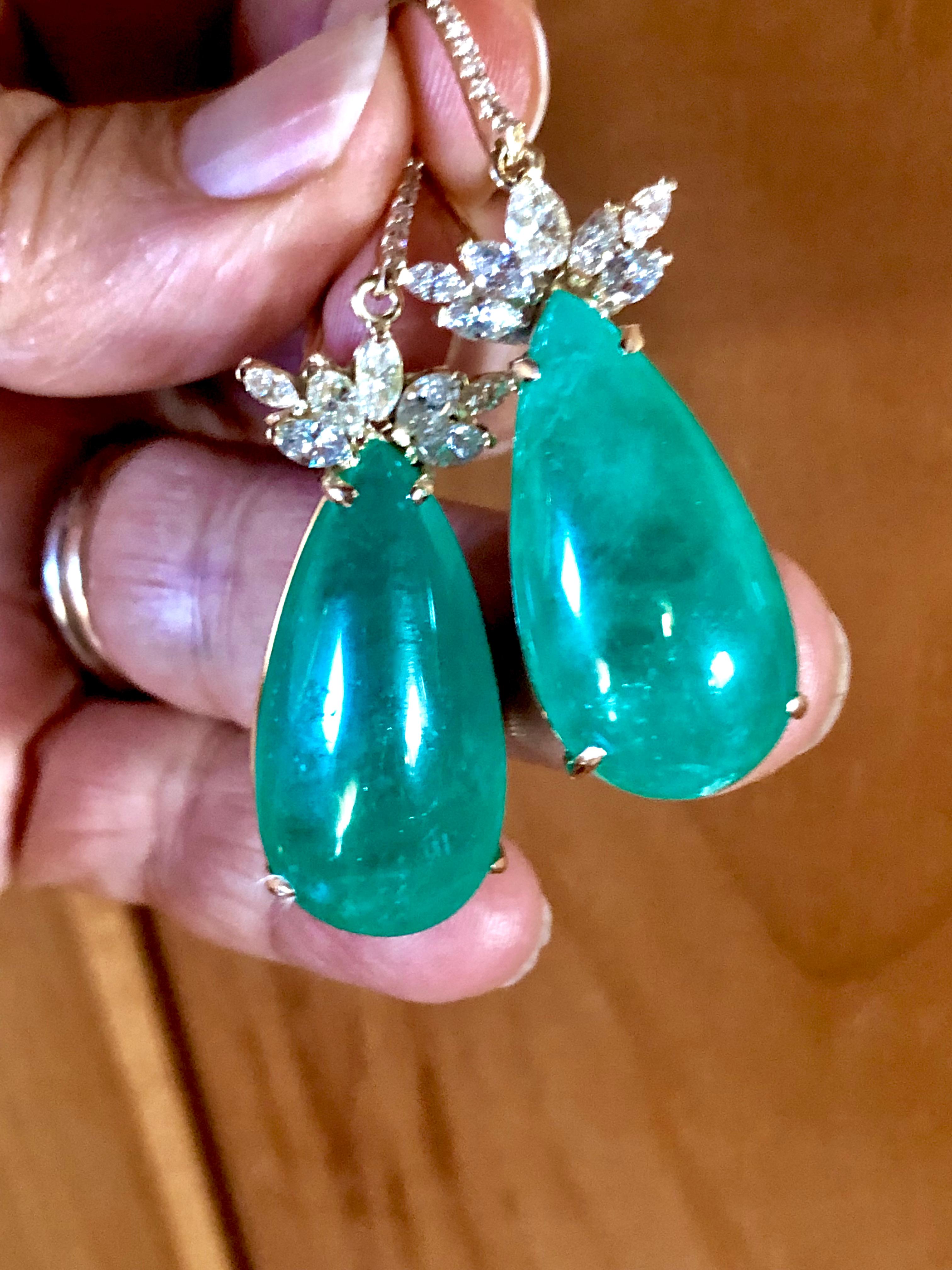 Cabochon Emeralds Maravellous 56.27CT Certified Colombian Emerald Diamond Earrings 18K For Sale