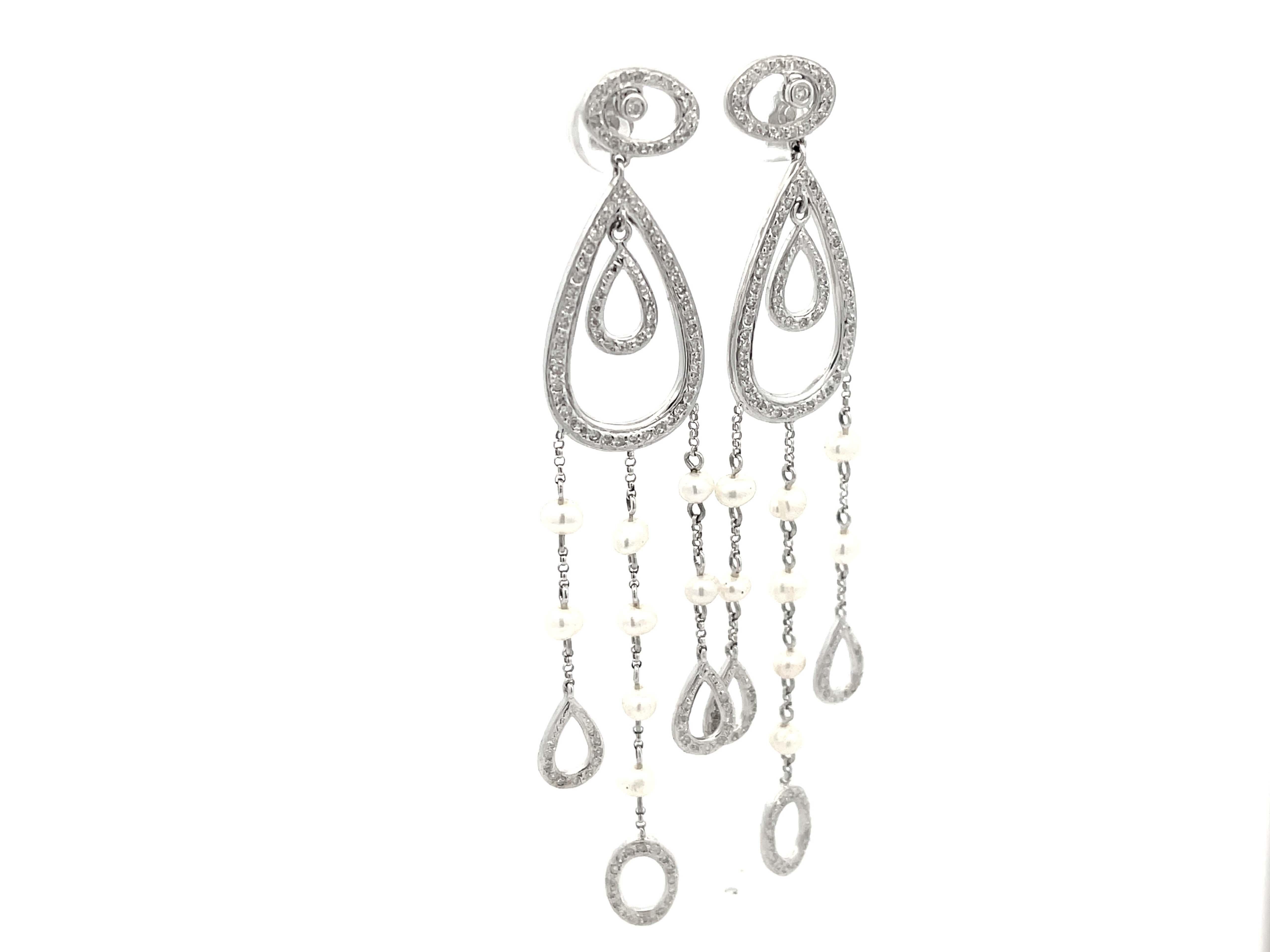 Modern Diamond Pear Shaped Dangly Pearl Drop Earrings in 14k White Gold For Sale