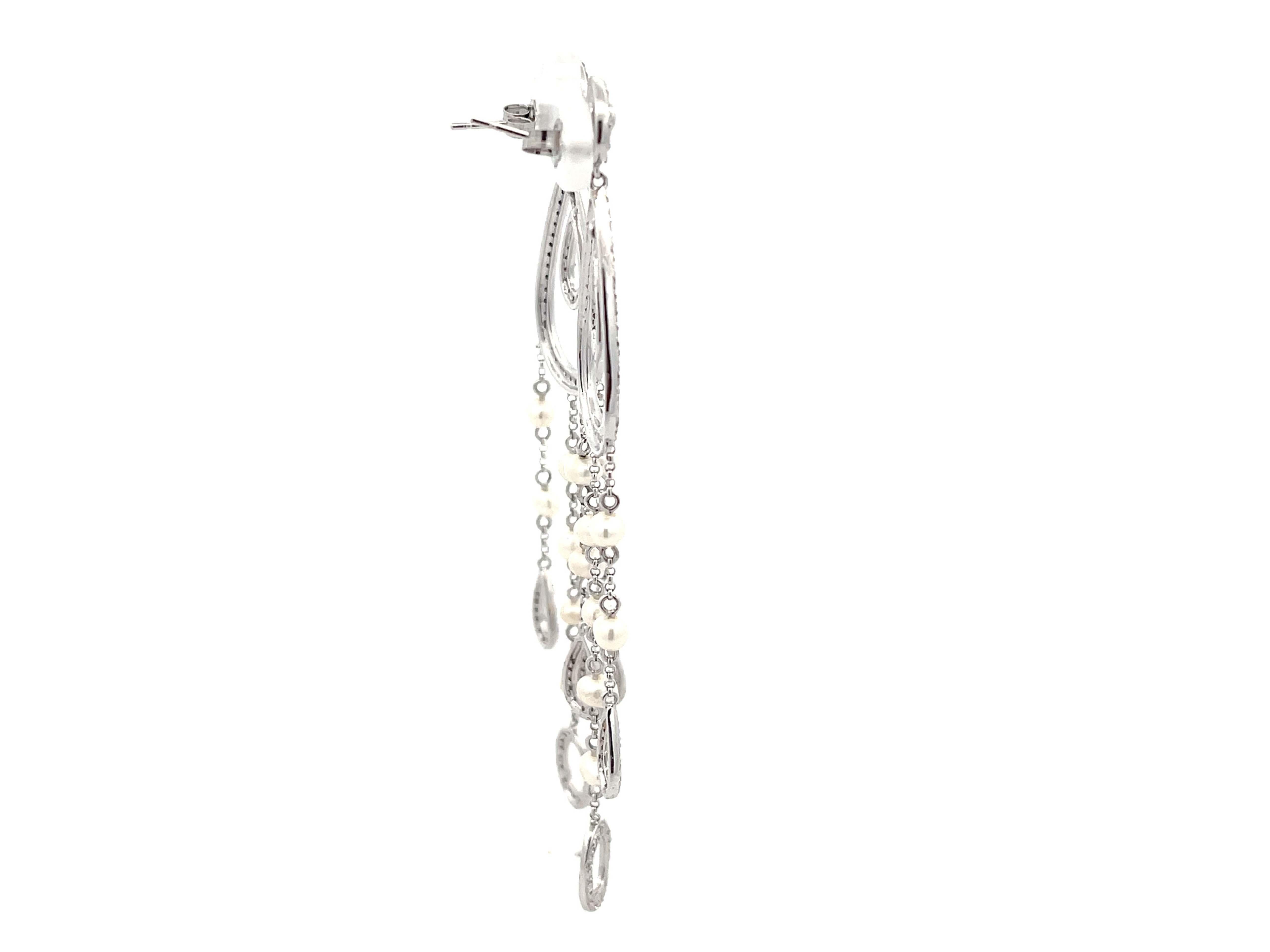 Brilliant Cut Diamond Pear Shaped Dangly Pearl Drop Earrings in 14k White Gold For Sale