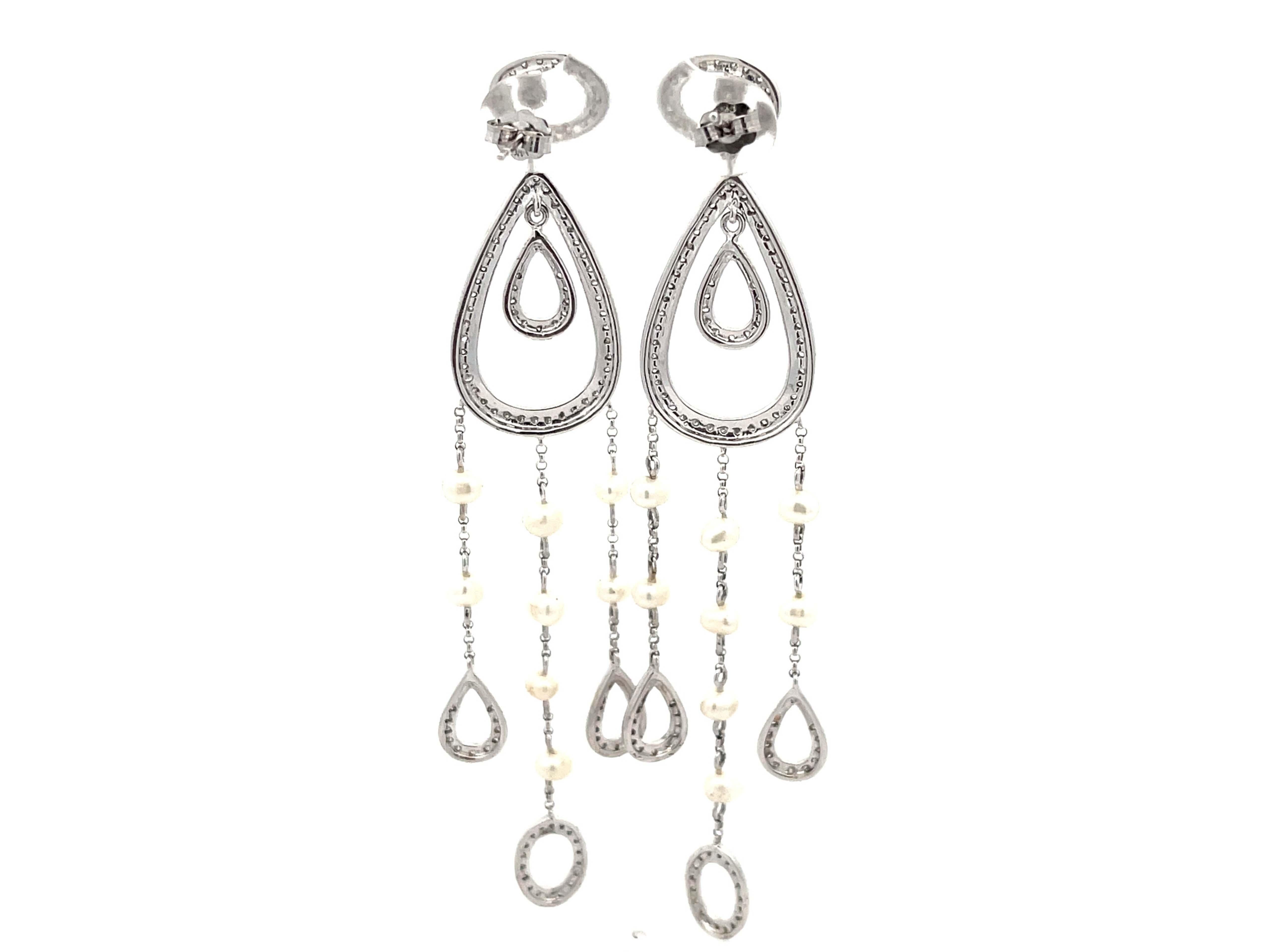 Women's Diamond Pear Shaped Dangly Pearl Drop Earrings in 14k White Gold For Sale
