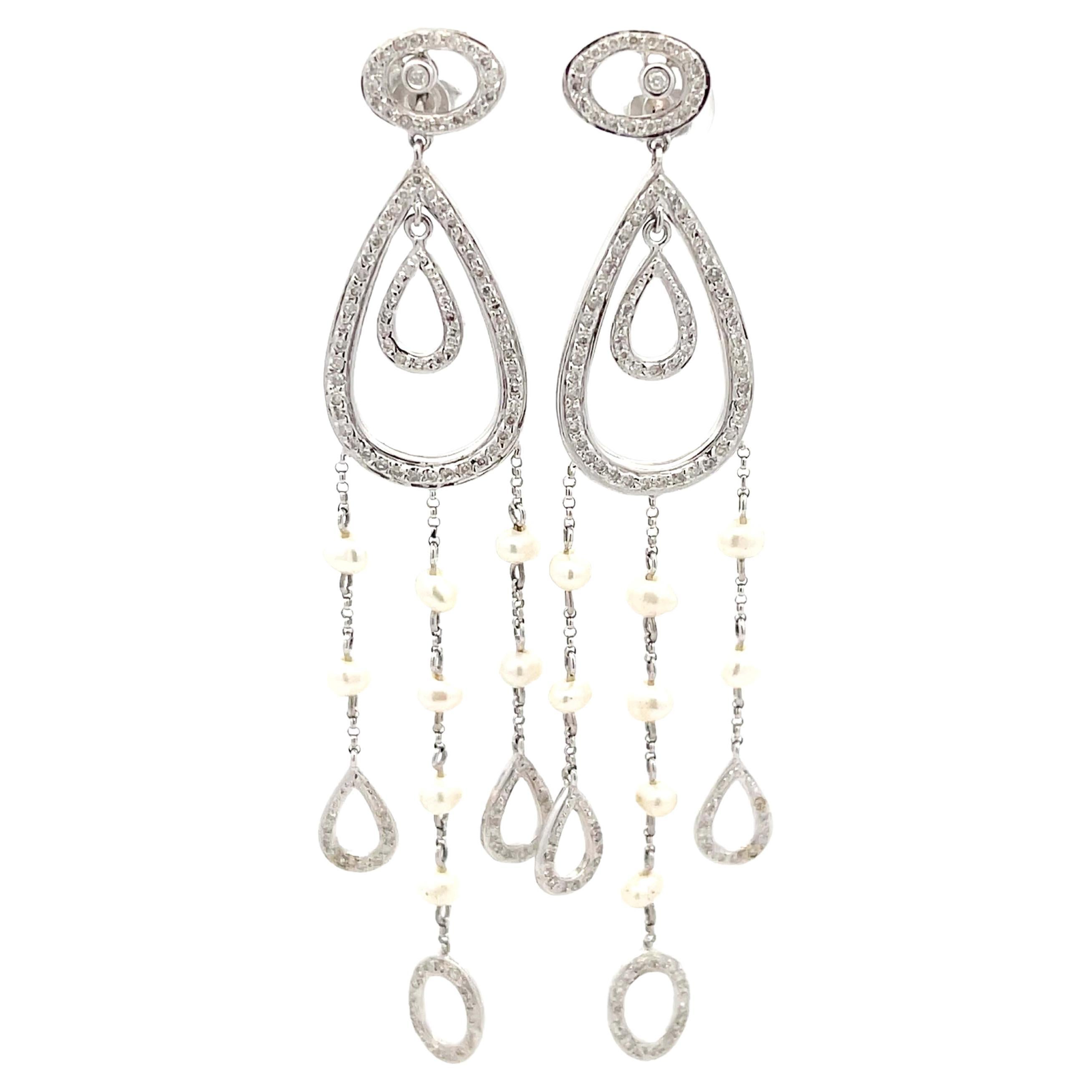 Diamond Pear Shaped Dangly Pearl Drop Earrings in 14k White Gold For Sale