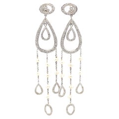 Diamond Pear Shaped Dangly Pearl Drop Earrings in 14k White Gold