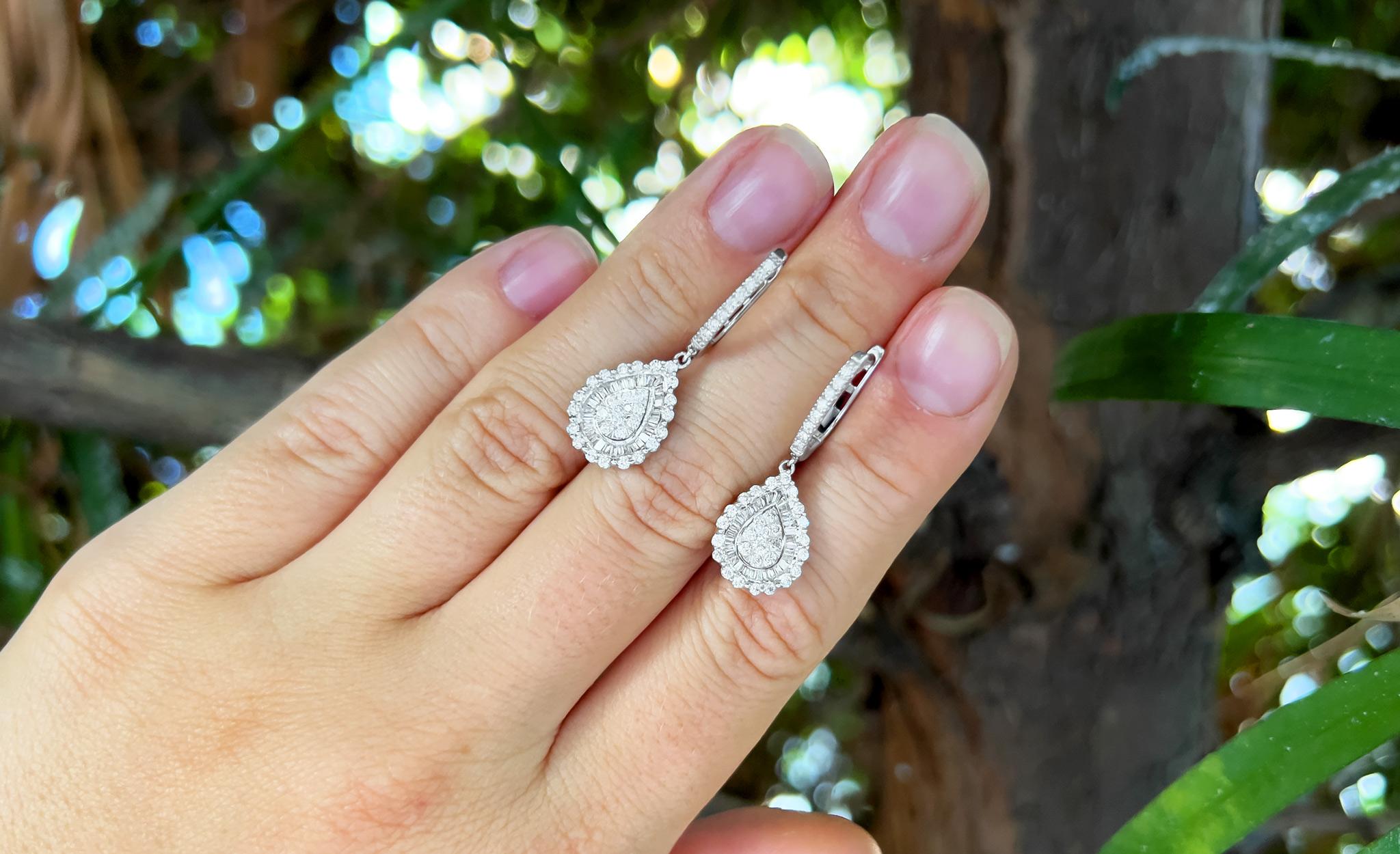 Mixed Cut Diamond Illusion Set Pear Shaped Earrings 2.24 Carats 18K White Gold For Sale