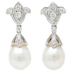 Diamond Pearl 14 Karat White Gold Fleur-De-Lis Drop Earrings