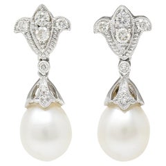 Diamond Pearl 14 Karat White Gold Fleur-De-Lis Drop Earrings