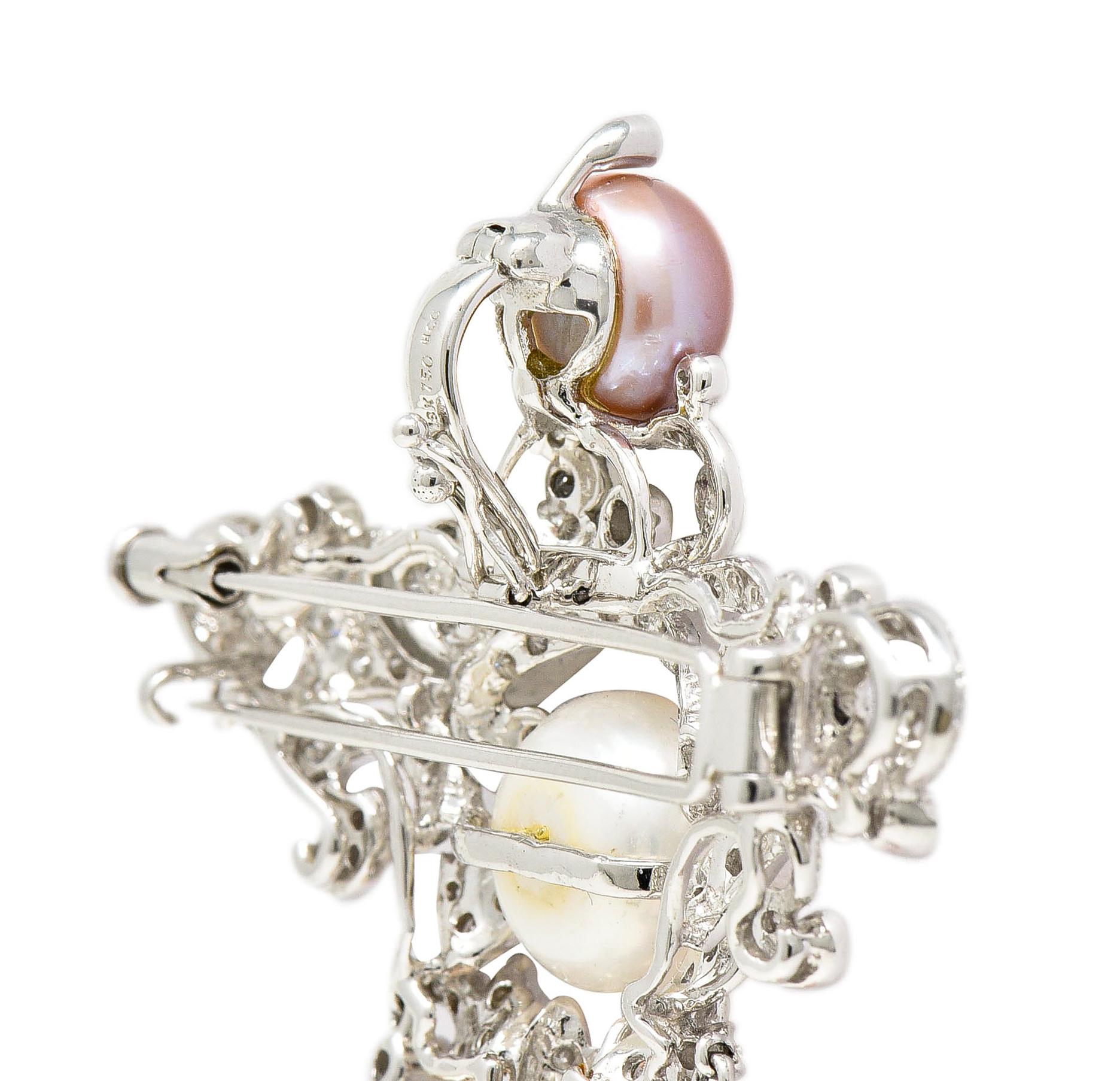 Round Cut Diamond Pearl 18 Karat Gold Baroque Style Stomacher Enhancer Pendant Pin Brooch