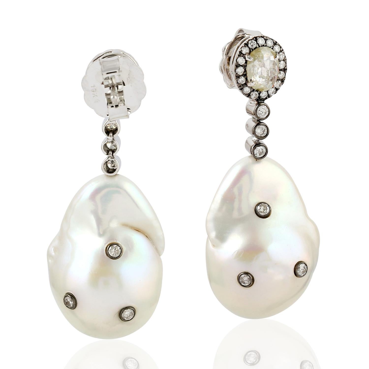 Modern Diamond Pearl 18 Karat Gold Earrings For Sale