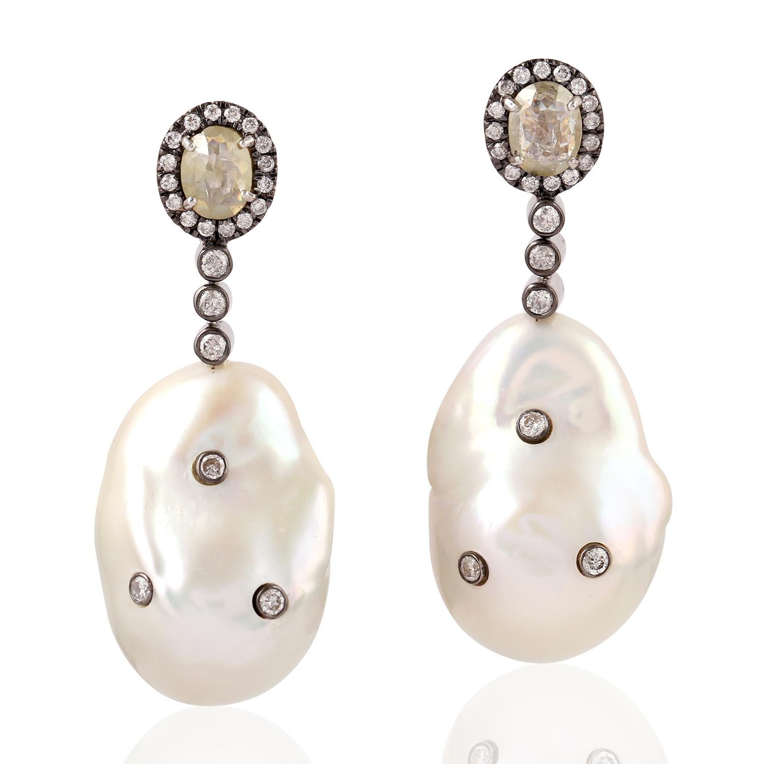 Rose Cut Diamond Pearl 18 Karat Gold Earrings For Sale