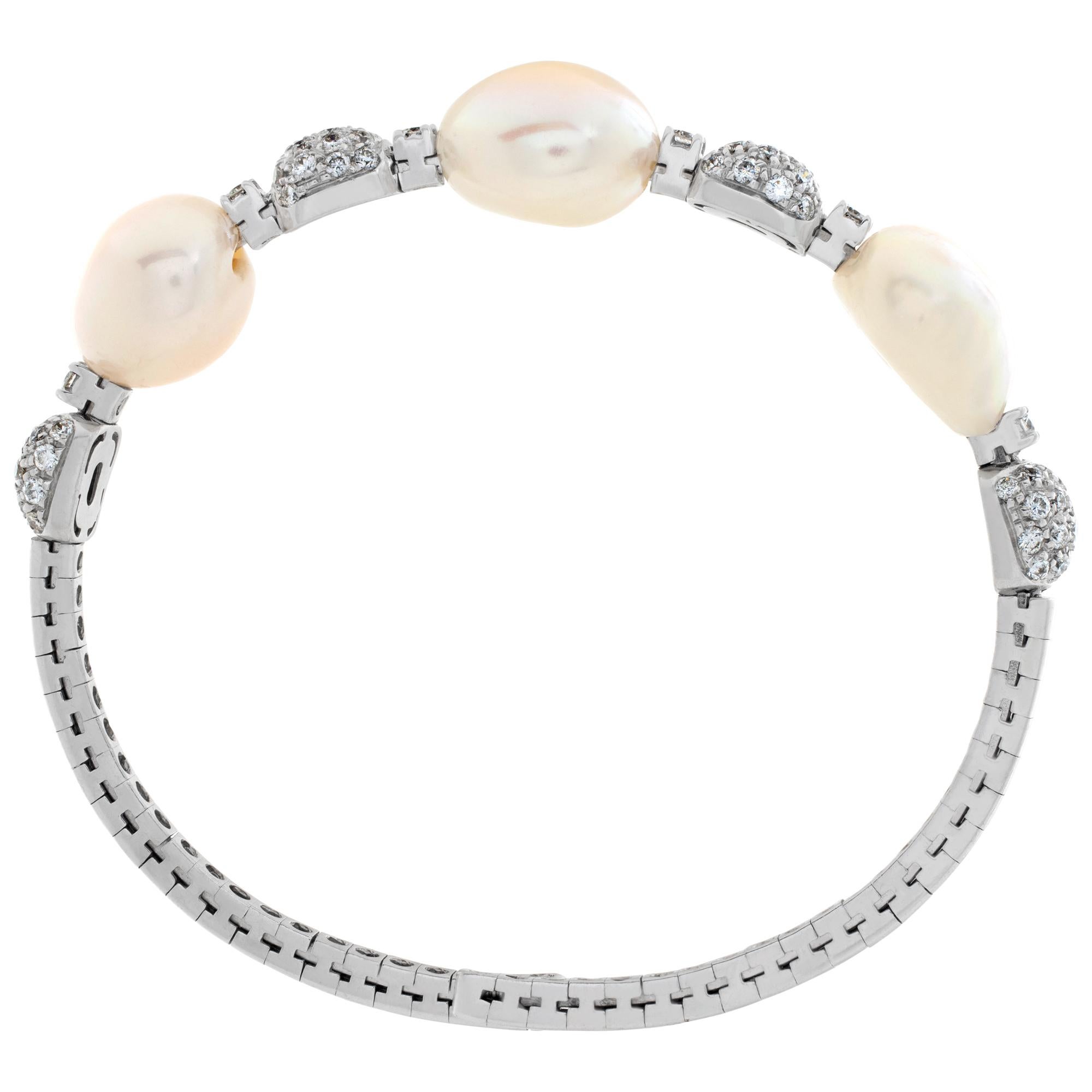 Women's Diamond pearl 18k white gold bangle with silver and pink overtones For Sale