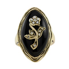 Diamond & Pearl and Black Onyx Flower Rose Antique Style Cocktail Gold Ring