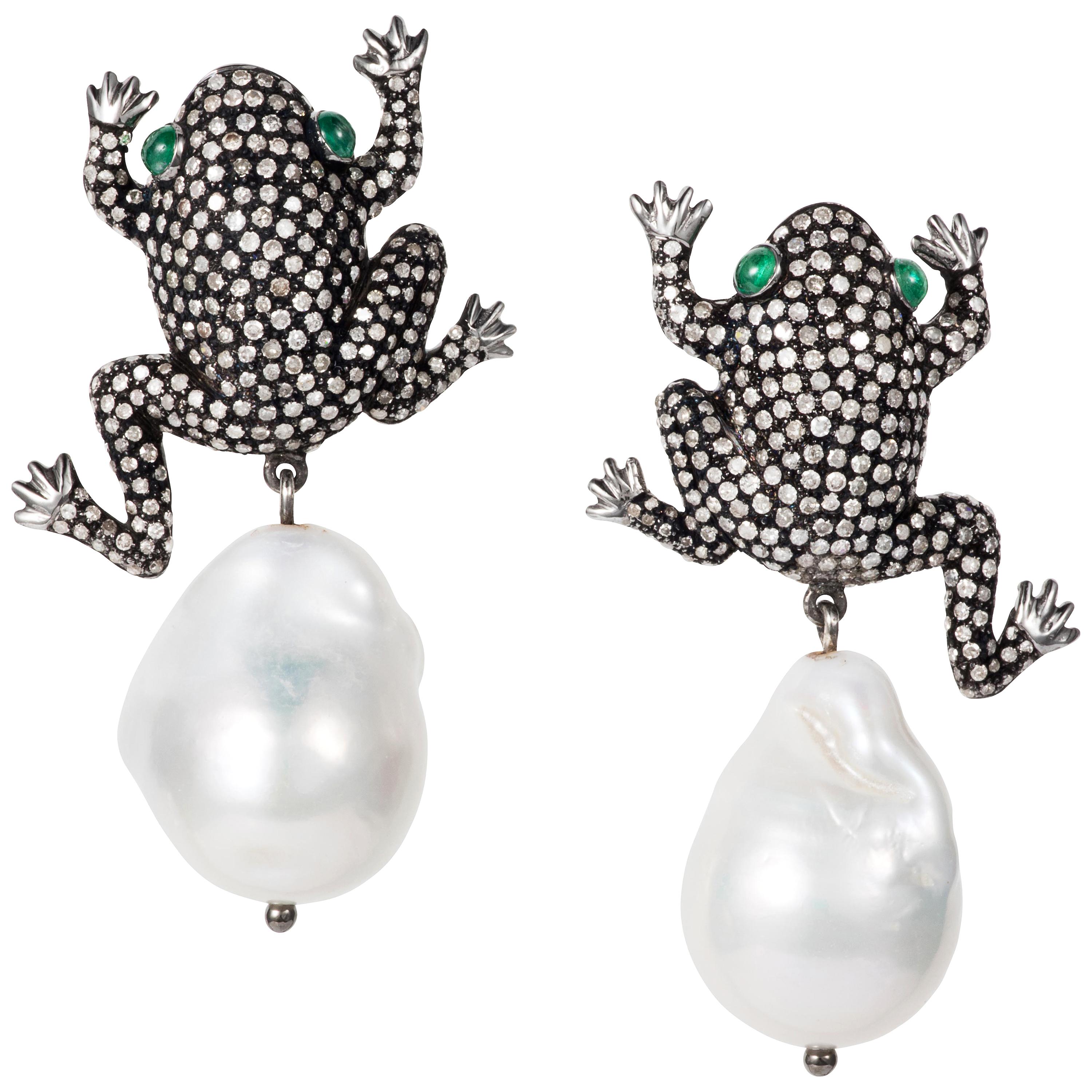 Manpriya B Diamond, Fresh Water Pearl Emerald Frog Dangle Drop Earrings For Sale