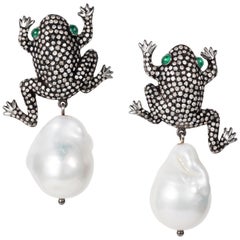Manpriya B Diamond, Fresh Water Pearl Emerald Frog Dangle Drop Earrings