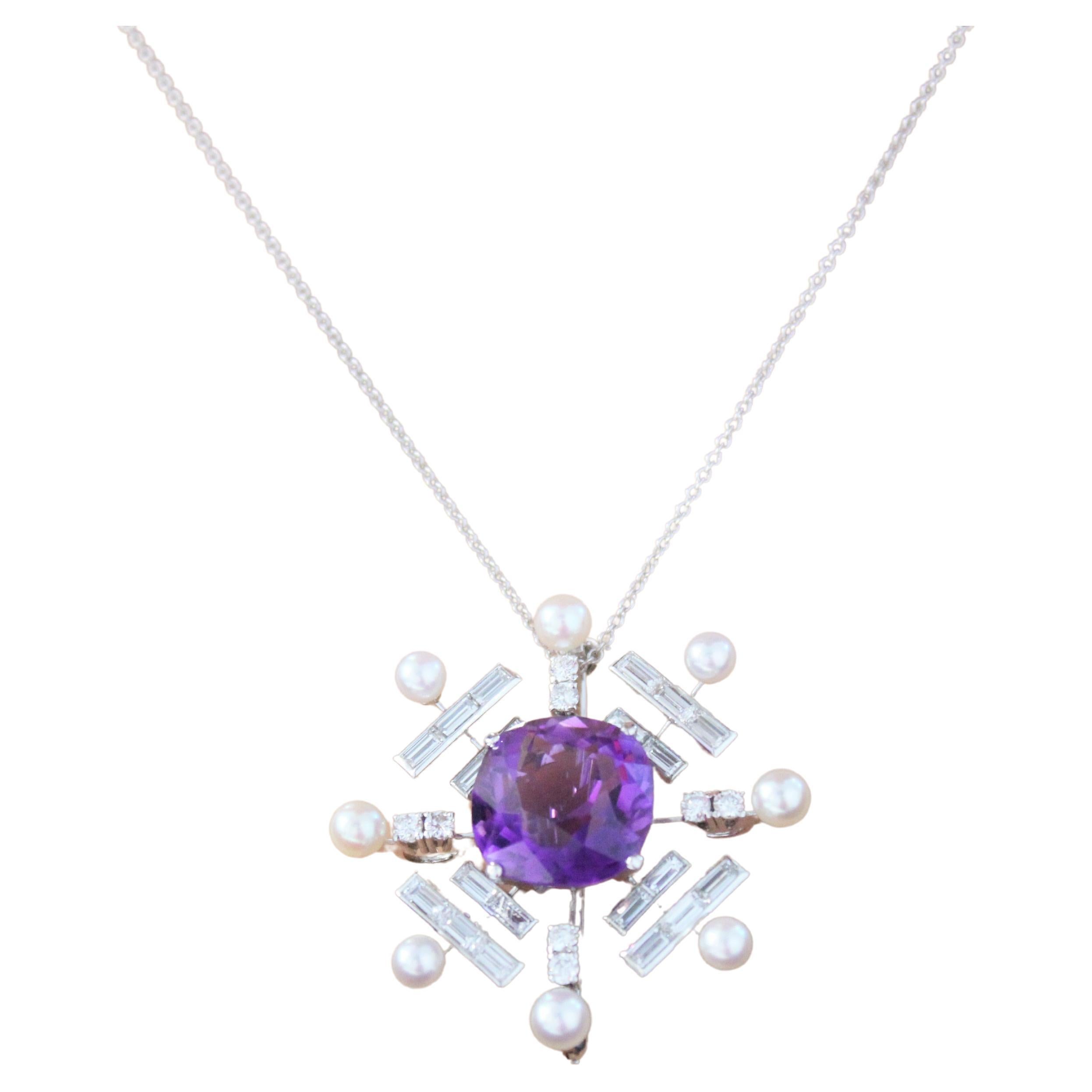 Diamond, Pearl, and Gemstone Pendant in 18K White Gold For Sale