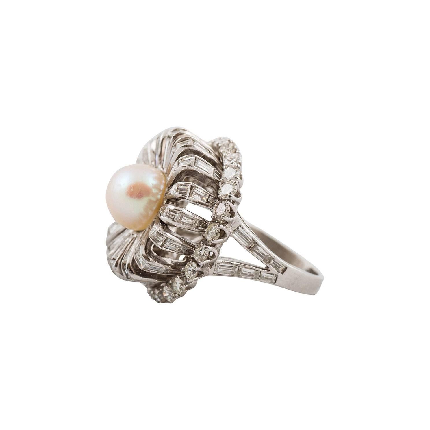 Diamond, Pearl and Platinum Cocktail Ring For Sale