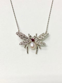 Diamond Pearl and Rubies Bumblebee Necklace in Platinum
