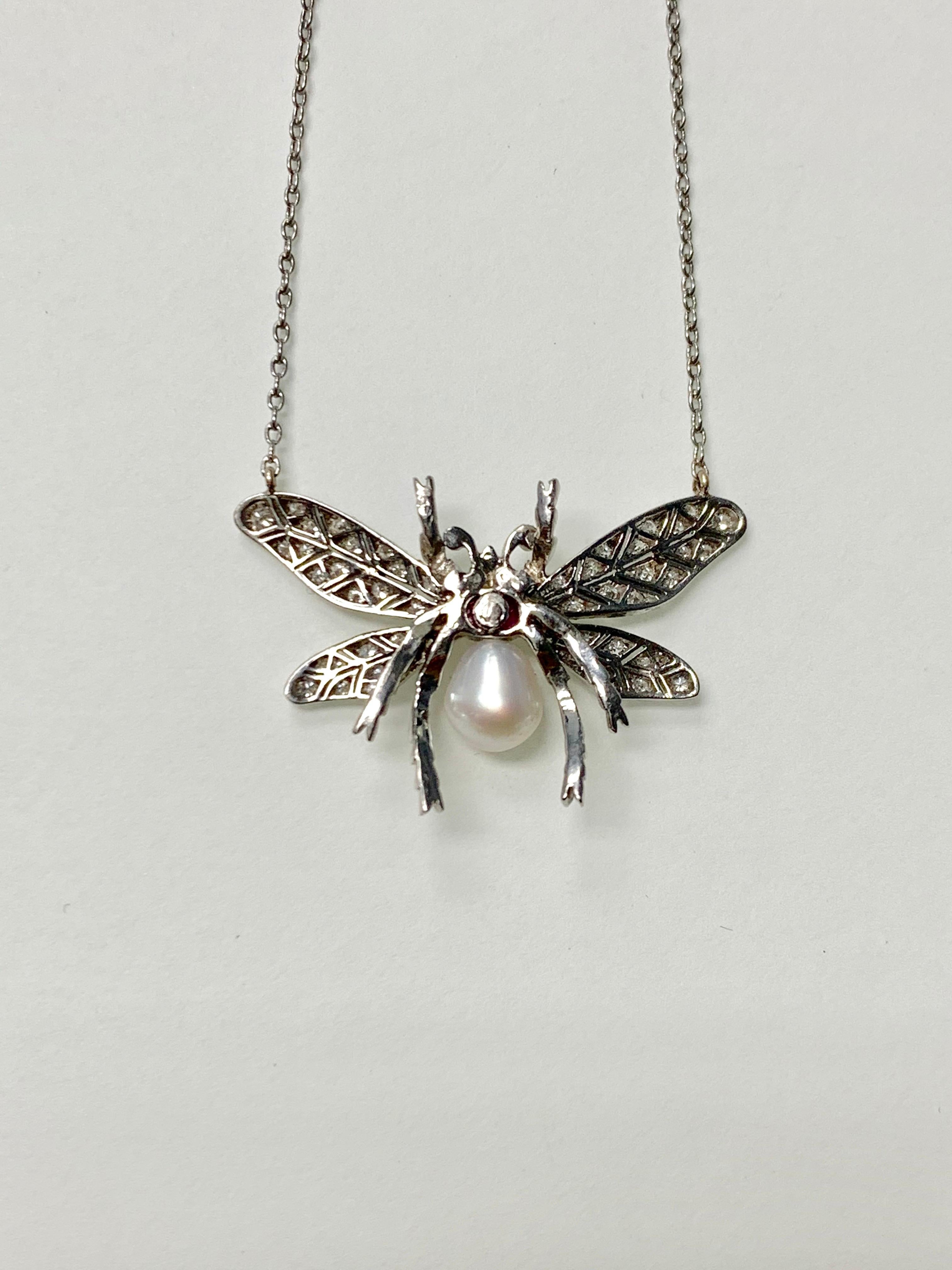 Round Cut Diamond Pearl and Rubies Bumblebee Necklace in Platinum For Sale
