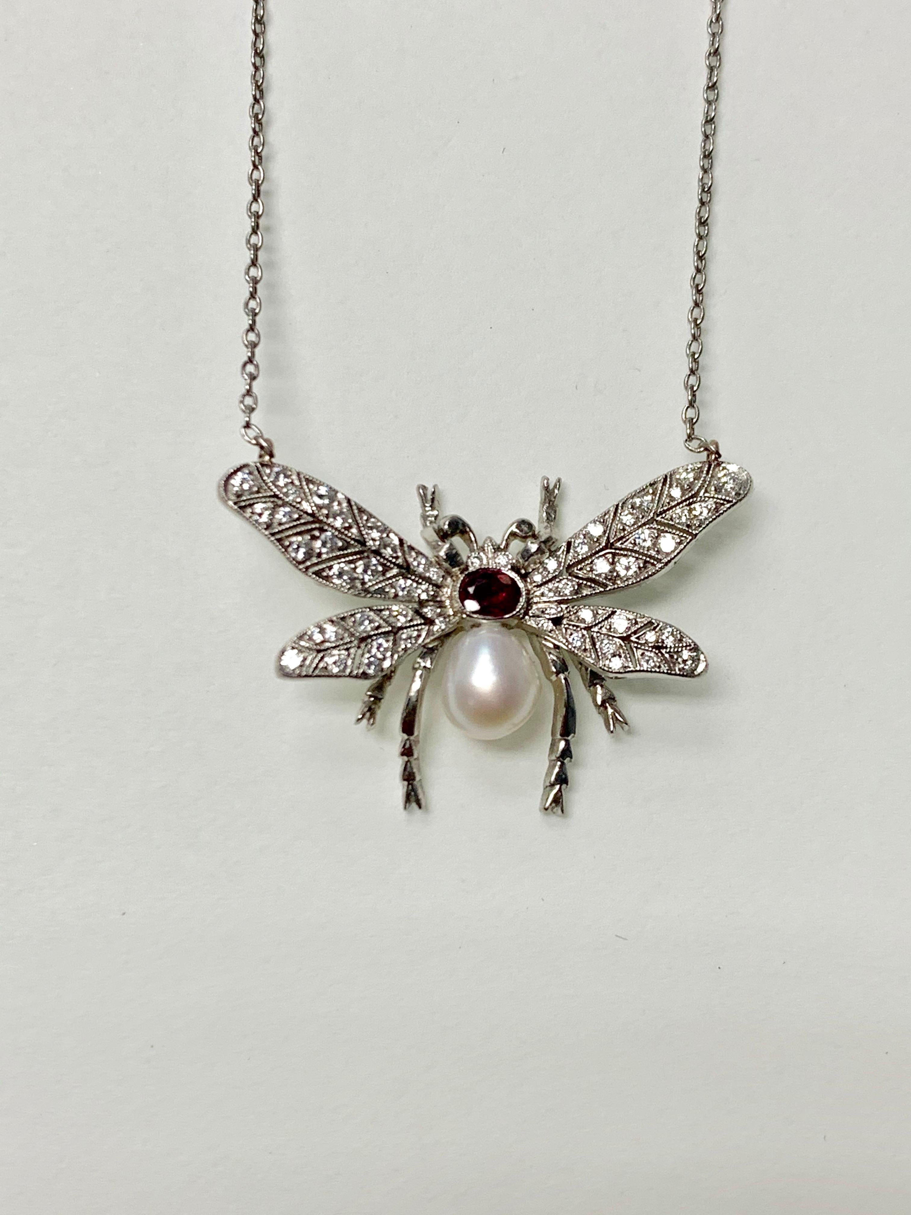 Diamond Pearl and Rubies Bumblebee Necklace in Platinum In Excellent Condition For Sale In New York, NY