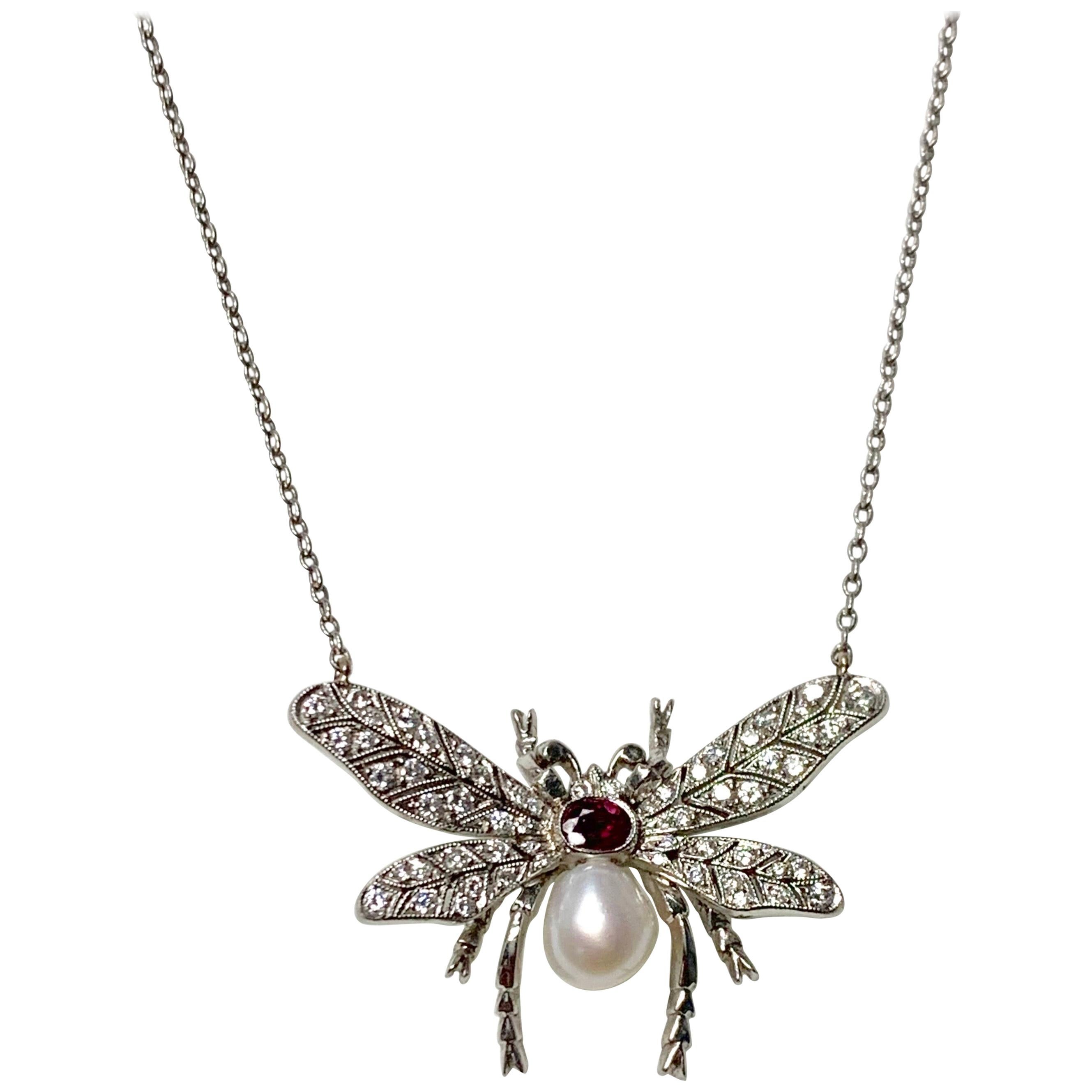 Diamond Pearl and Rubies Bumblebee Necklace in Platinum For Sale