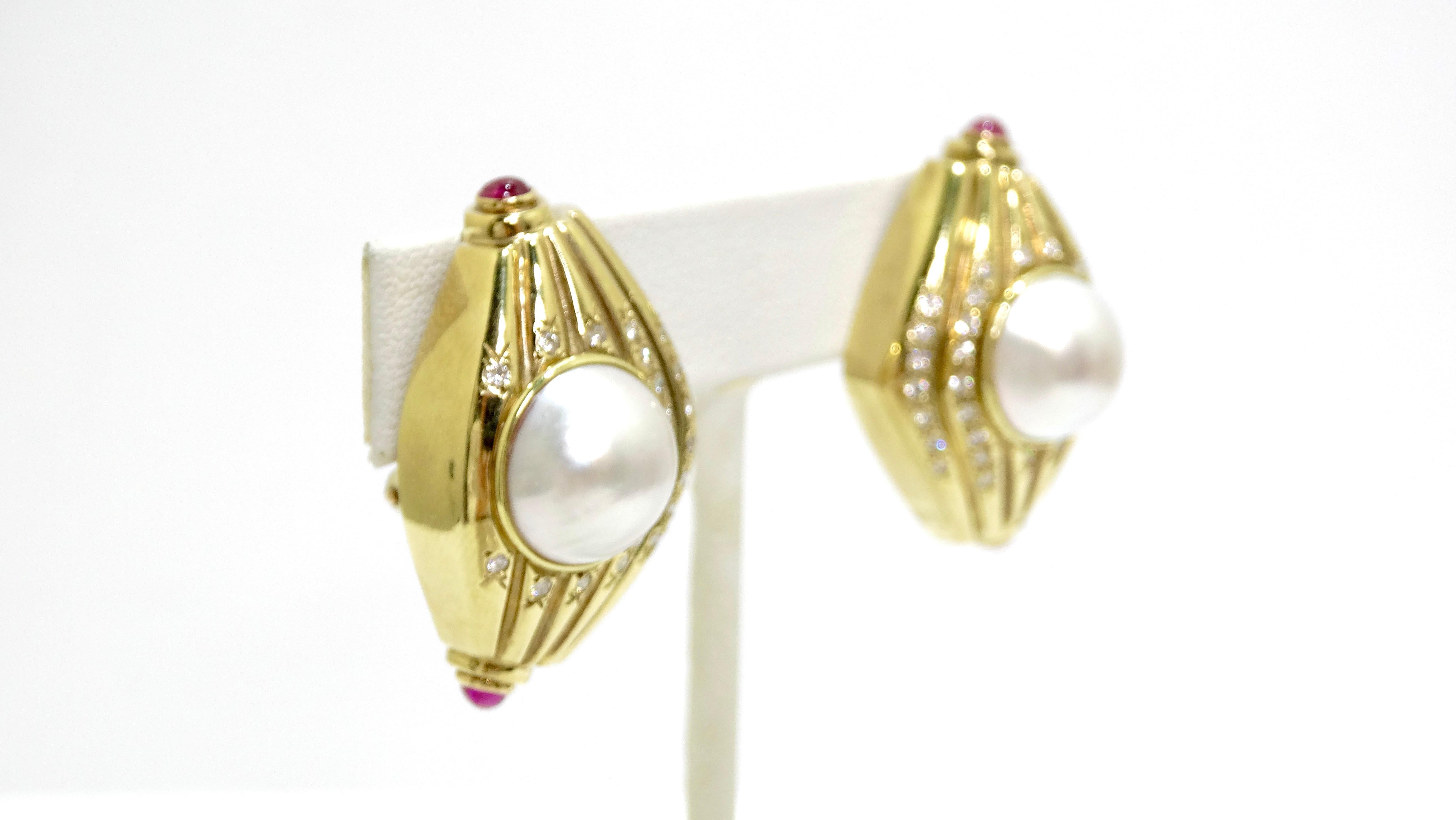 Diamond Pearl and Ruby 1980's Earrings In Excellent Condition For Sale In Scottsdale, AZ