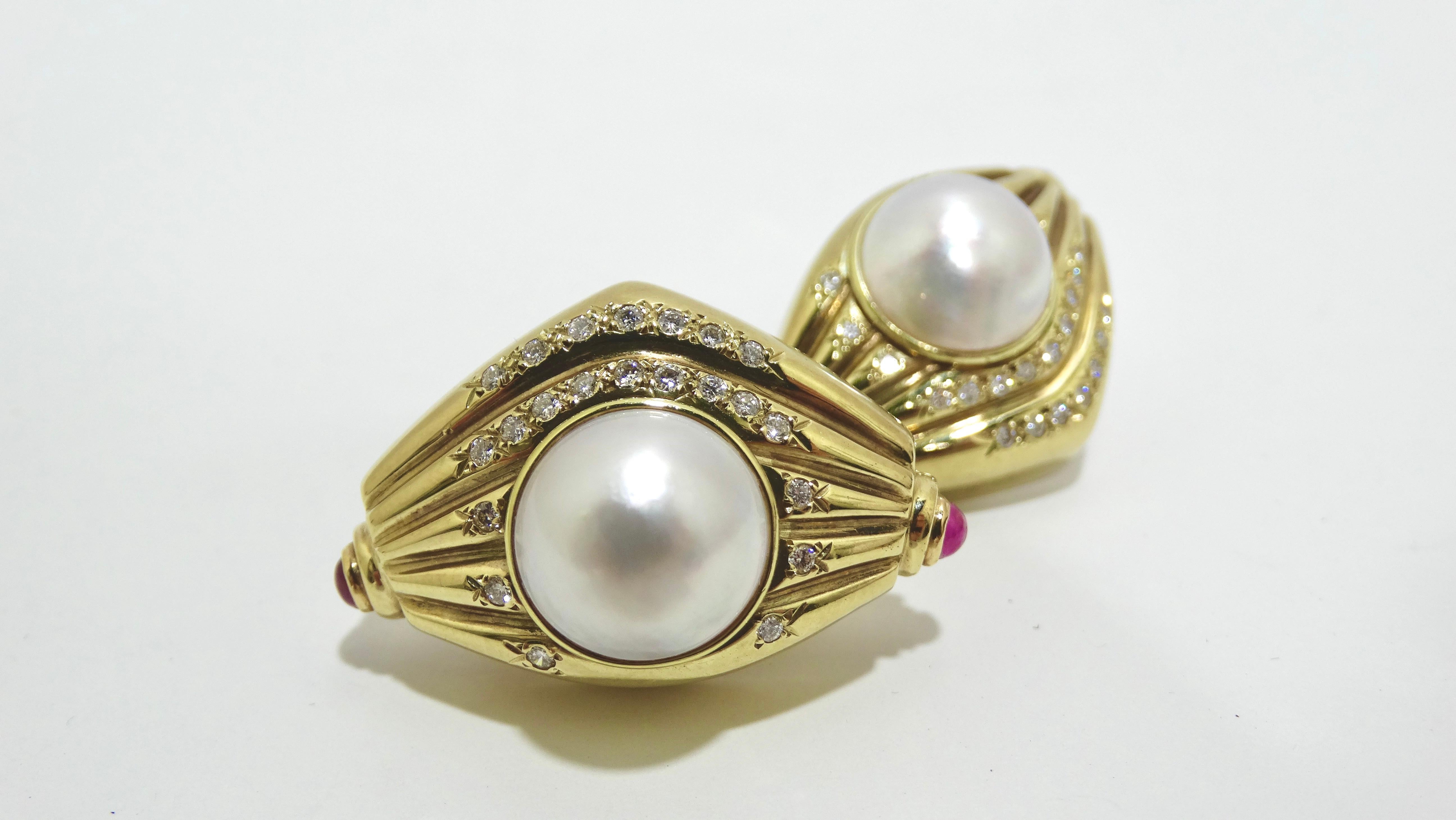 Women's or Men's Diamond Pearl and Ruby 1980's Earrings For Sale