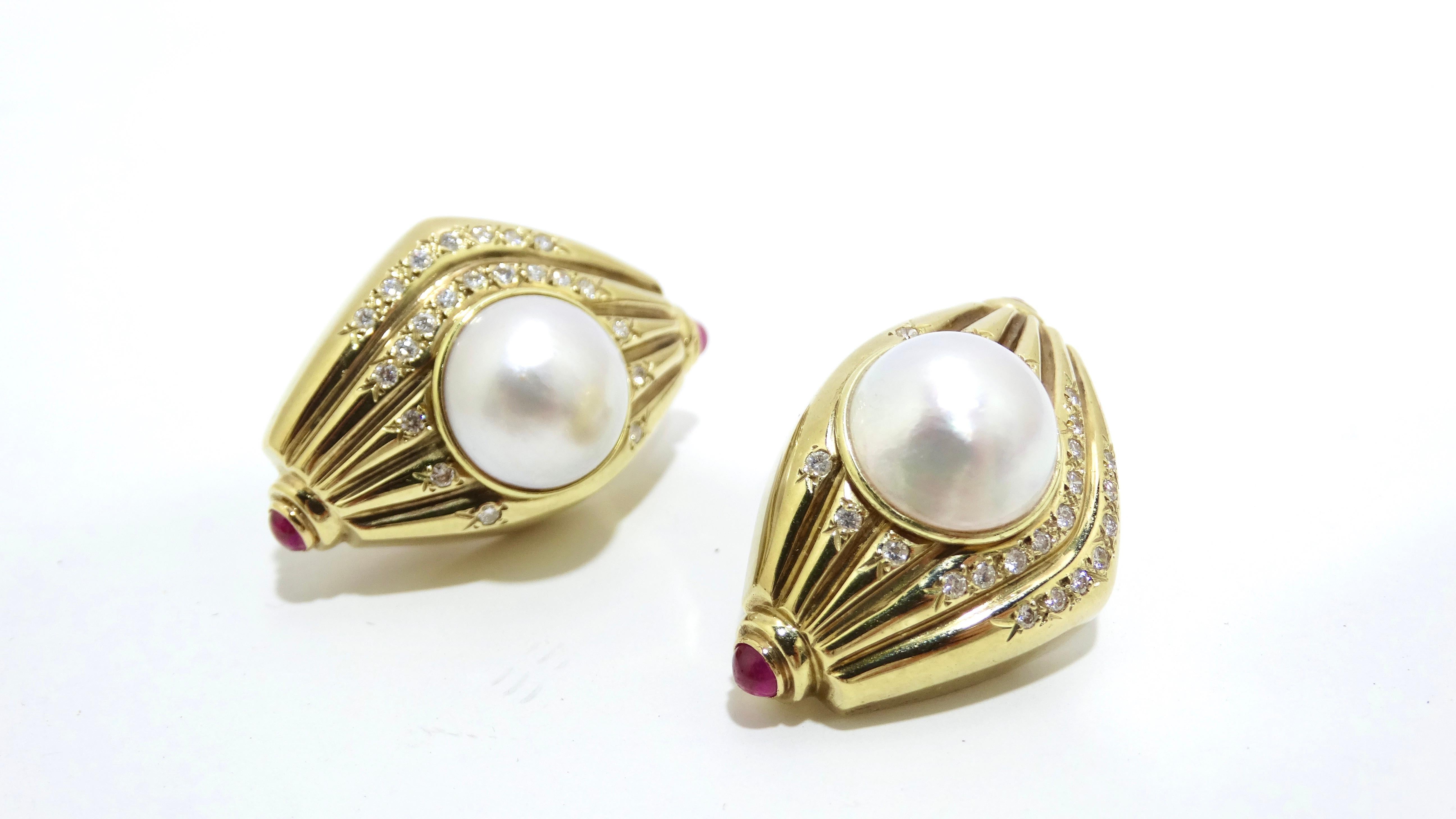 Diamond Pearl and Ruby 1980's Earrings For Sale 3